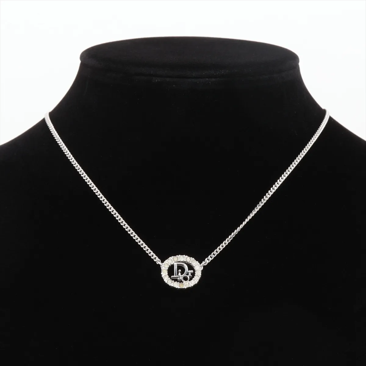 logo necklace, metal and rhinestones, silver. Shows signs of wear, — view 5