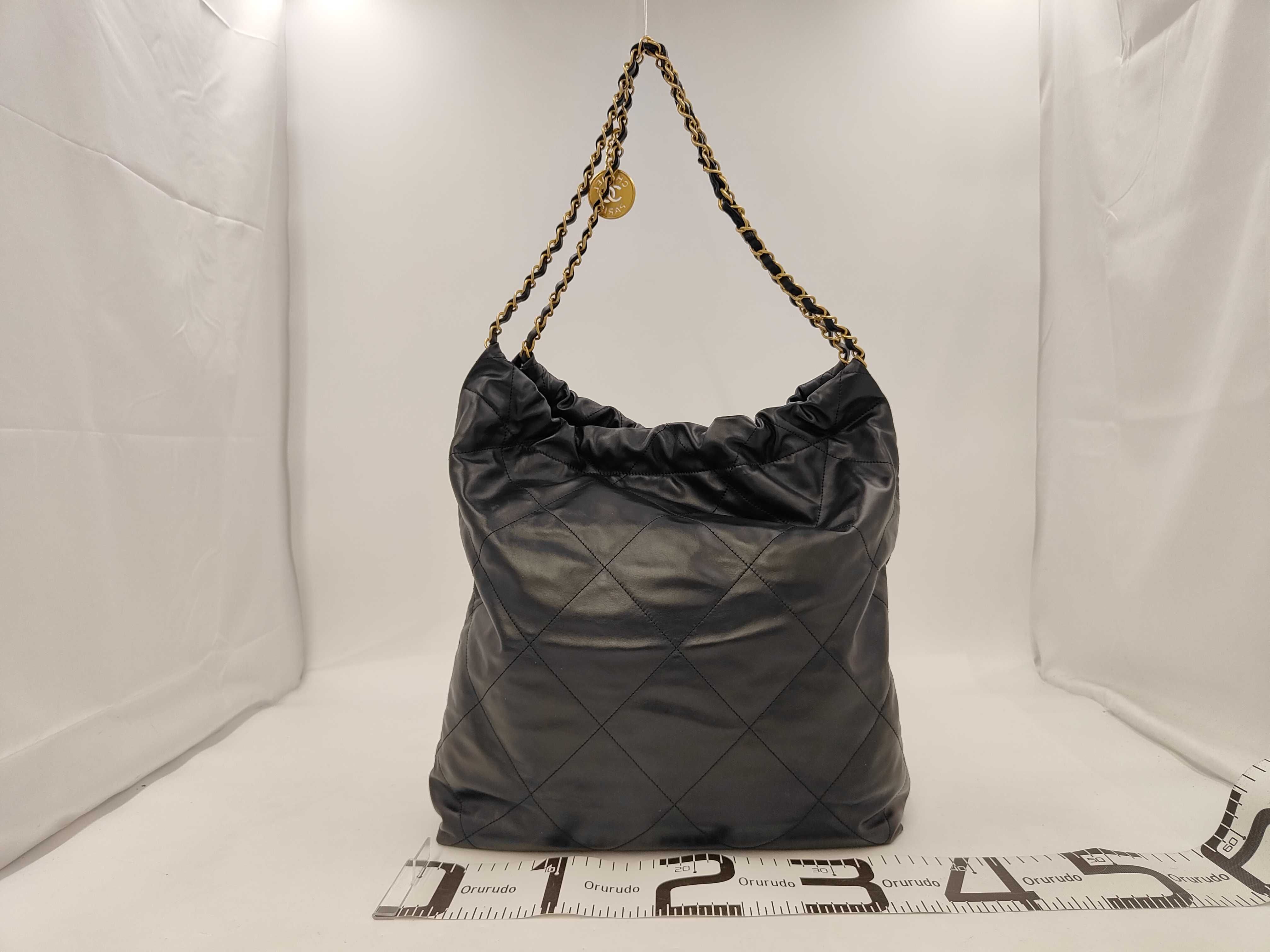 22 Shiny Calfskin Chain Shoulder Bag with Gold Hardware and Pouch, Serial Number Plate, Black Bag — view 2