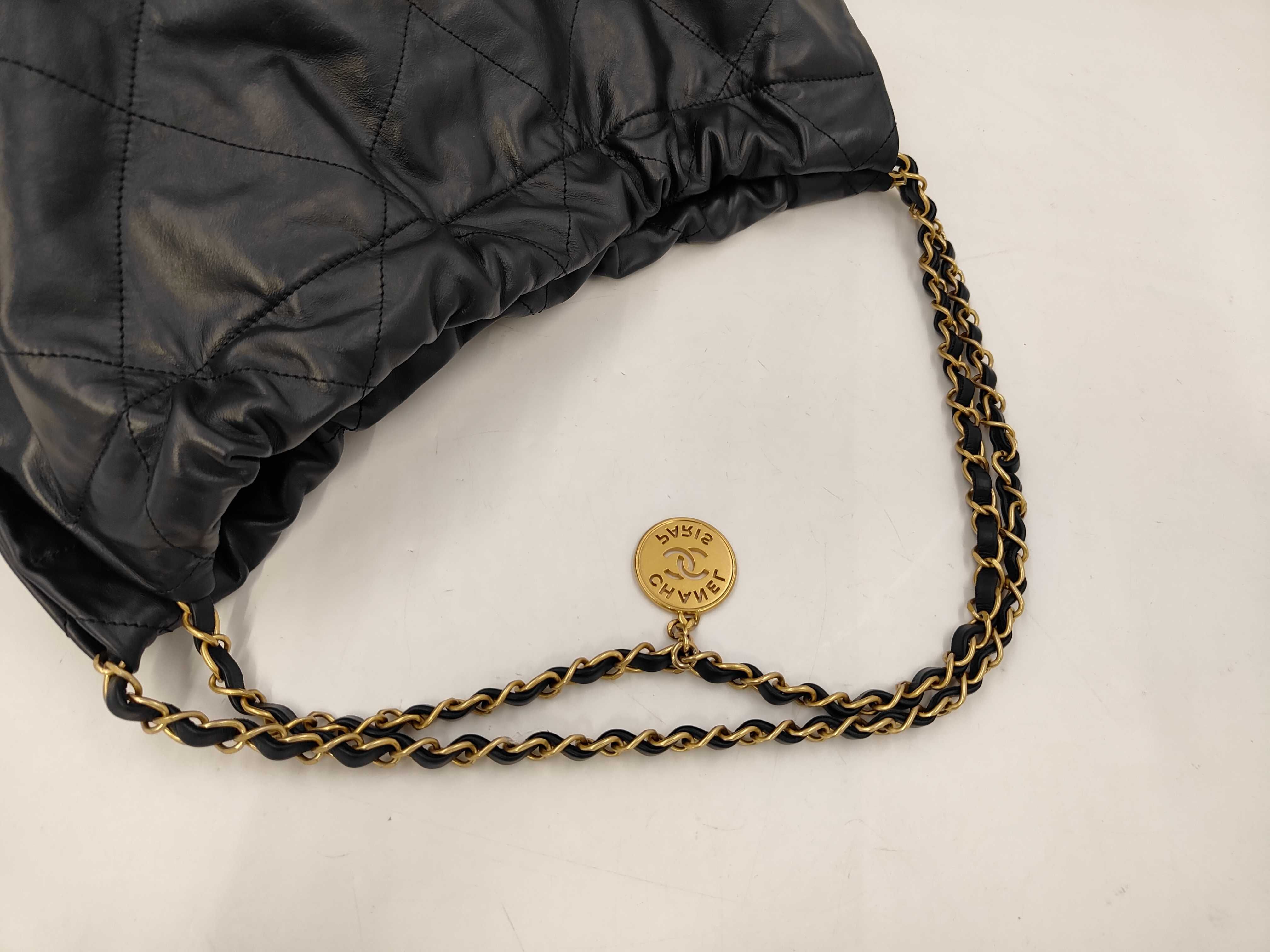 22 Shiny Calfskin Chain Shoulder Bag with Gold Hardware and Pouch, Serial Number Plate, Black Bag — view 3