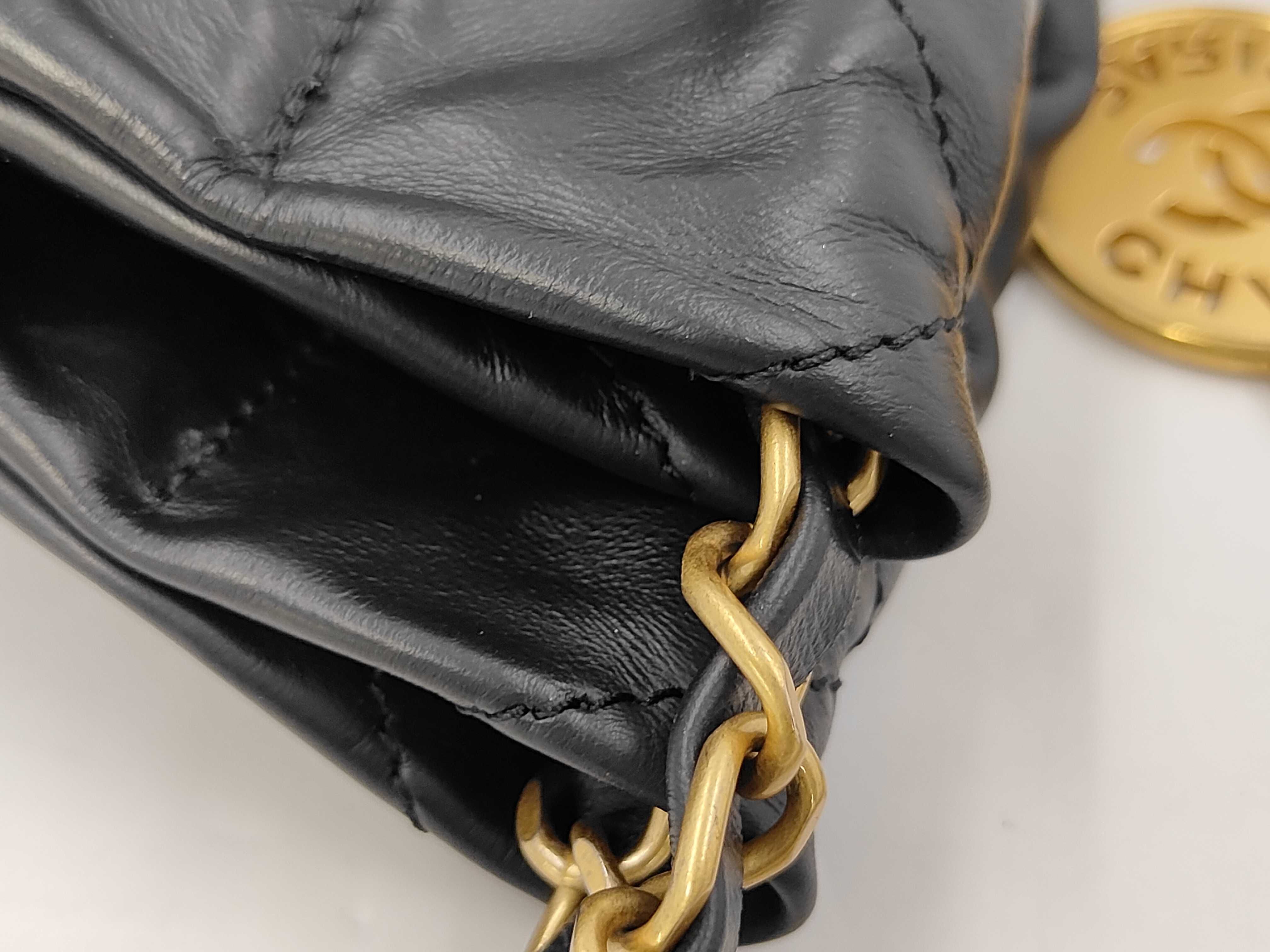 22 Shiny Calfskin Chain Shoulder Bag with Gold Hardware and Pouch, Serial Number Plate, Black Bag — view 5