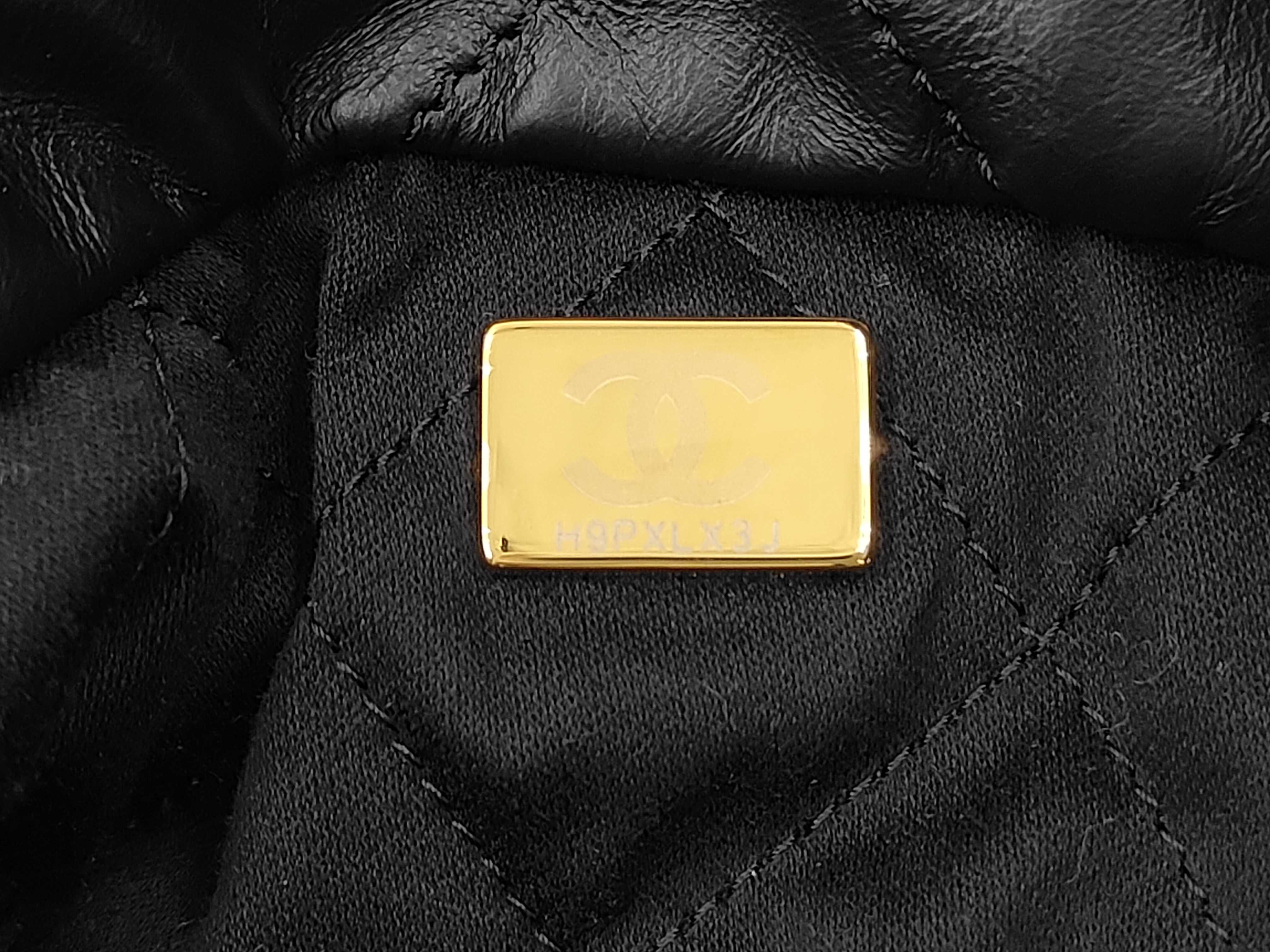 22 Shiny Calfskin Chain Shoulder Bag with Gold Hardware and Pouch, Serial Number Plate, Black Bag — view 10