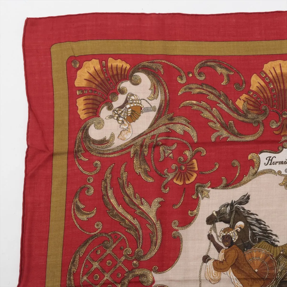 Carre 90 Cheval Turc (Turkish Horse) scarf, cashmere x silk. Some wear, snags, — view 2