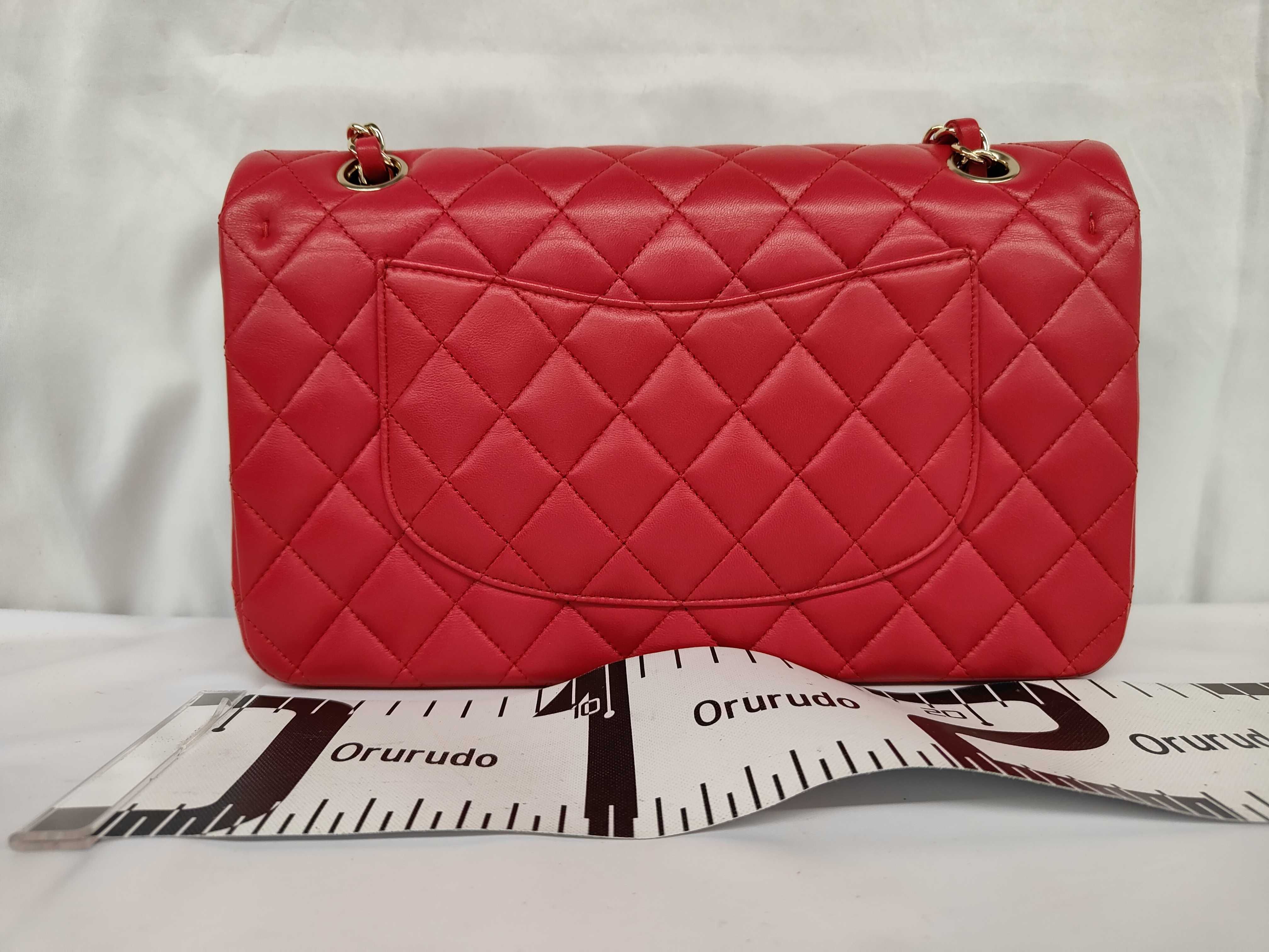 Matelassé Double Flap Chain Shoulder Bag, Red Lambskin, Gold Hardware. — view 2