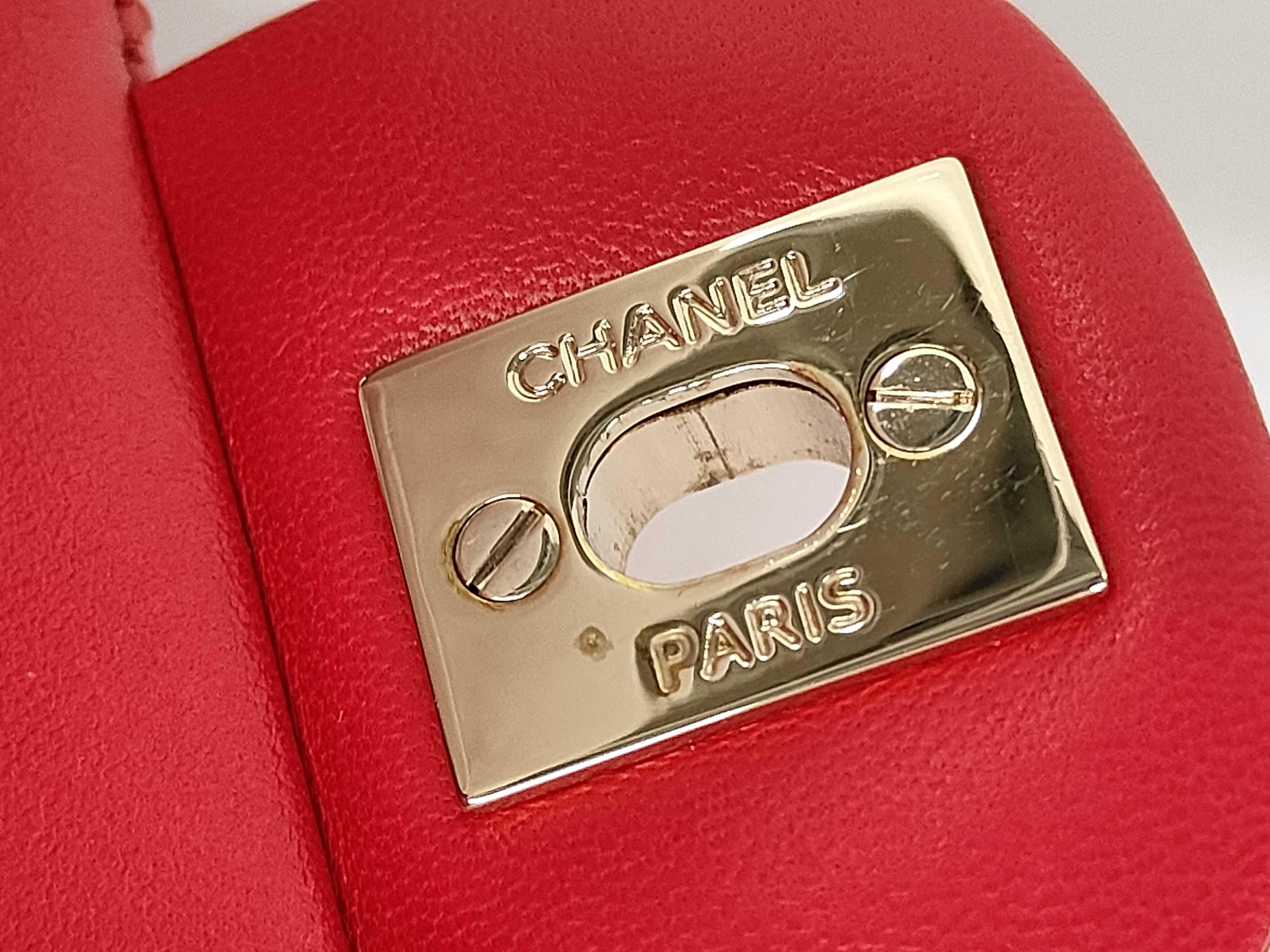 Matelassé Double Flap Chain Shoulder Bag, Red Lambskin, Gold Hardware. — view 15