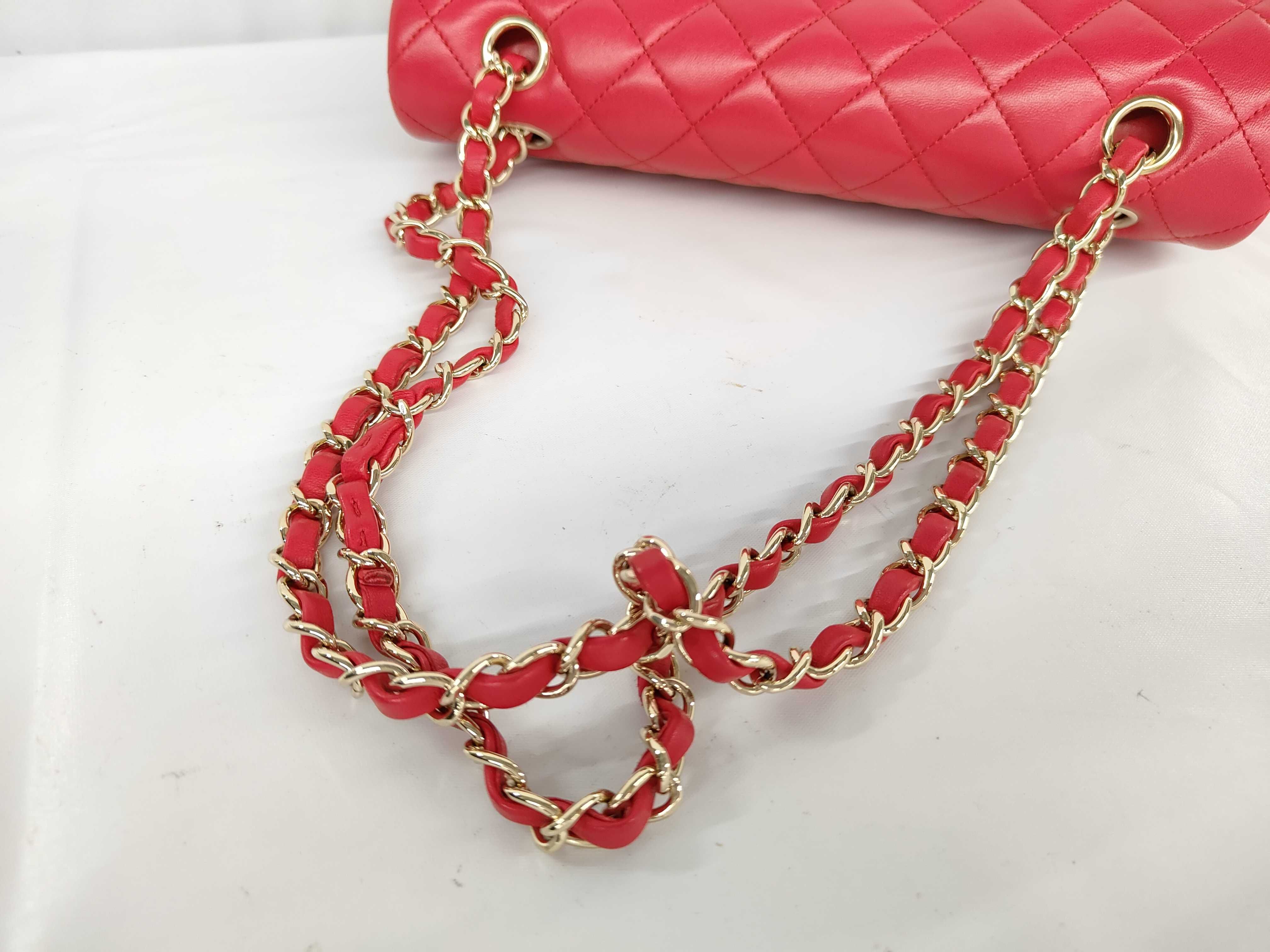 Matelassé Double Flap Chain Shoulder Bag, Red Lambskin, Gold Hardware. — view 3