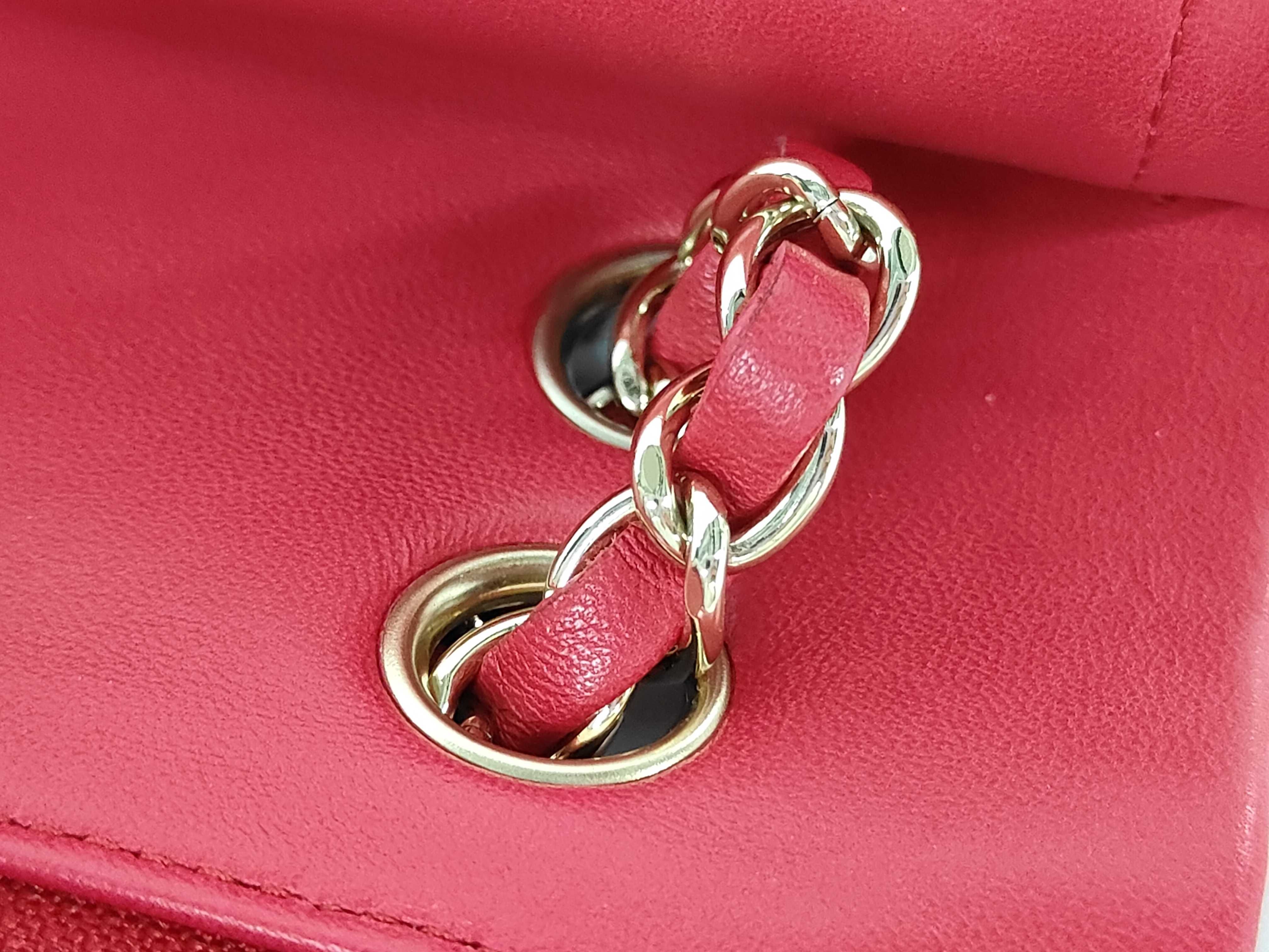 Matelassé Double Flap Chain Shoulder Bag, Red Lambskin, Gold Hardware. — view 5