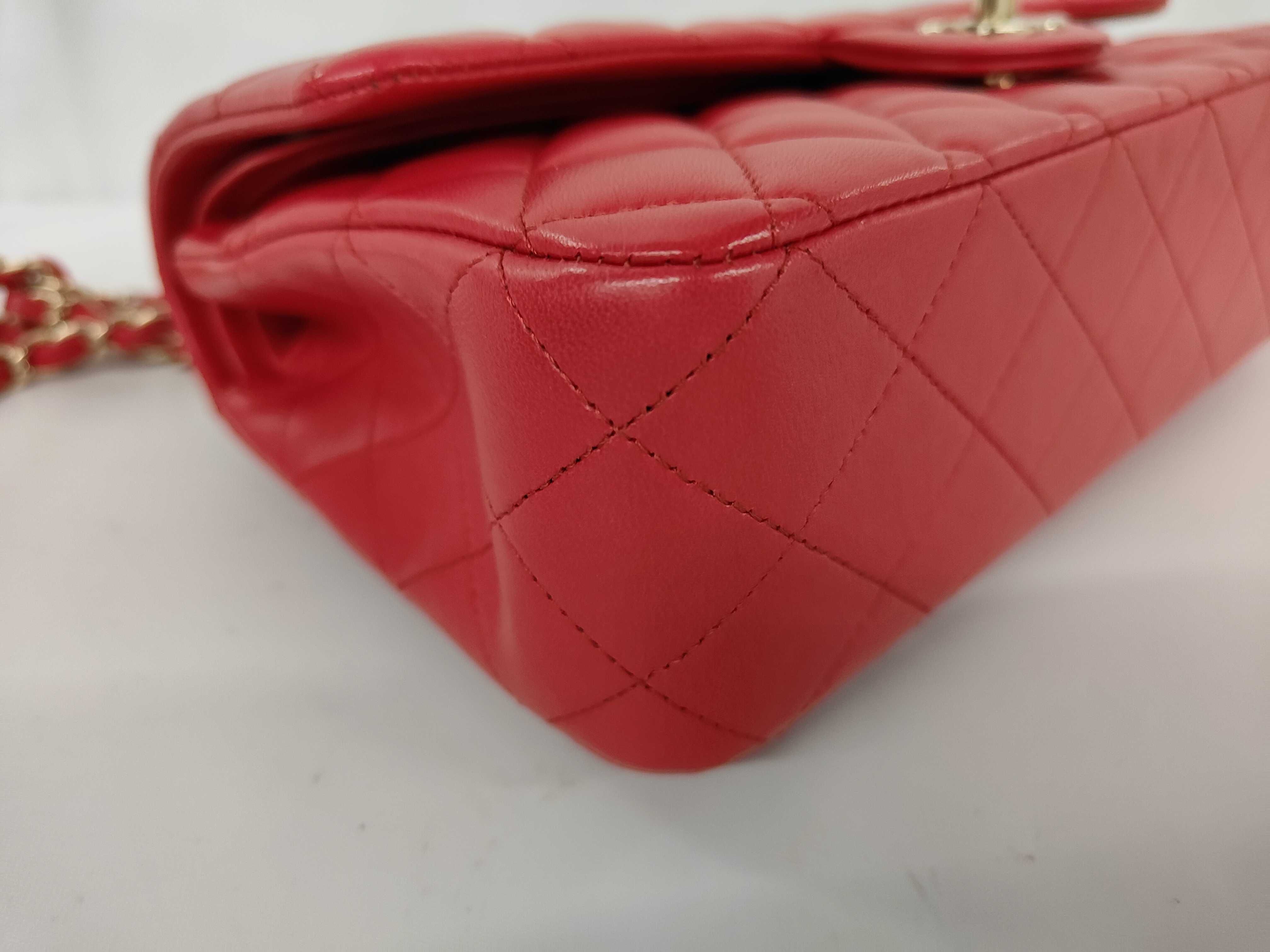 Matelassé Double Flap Chain Shoulder Bag, Red Lambskin, Gold Hardware. — view 6