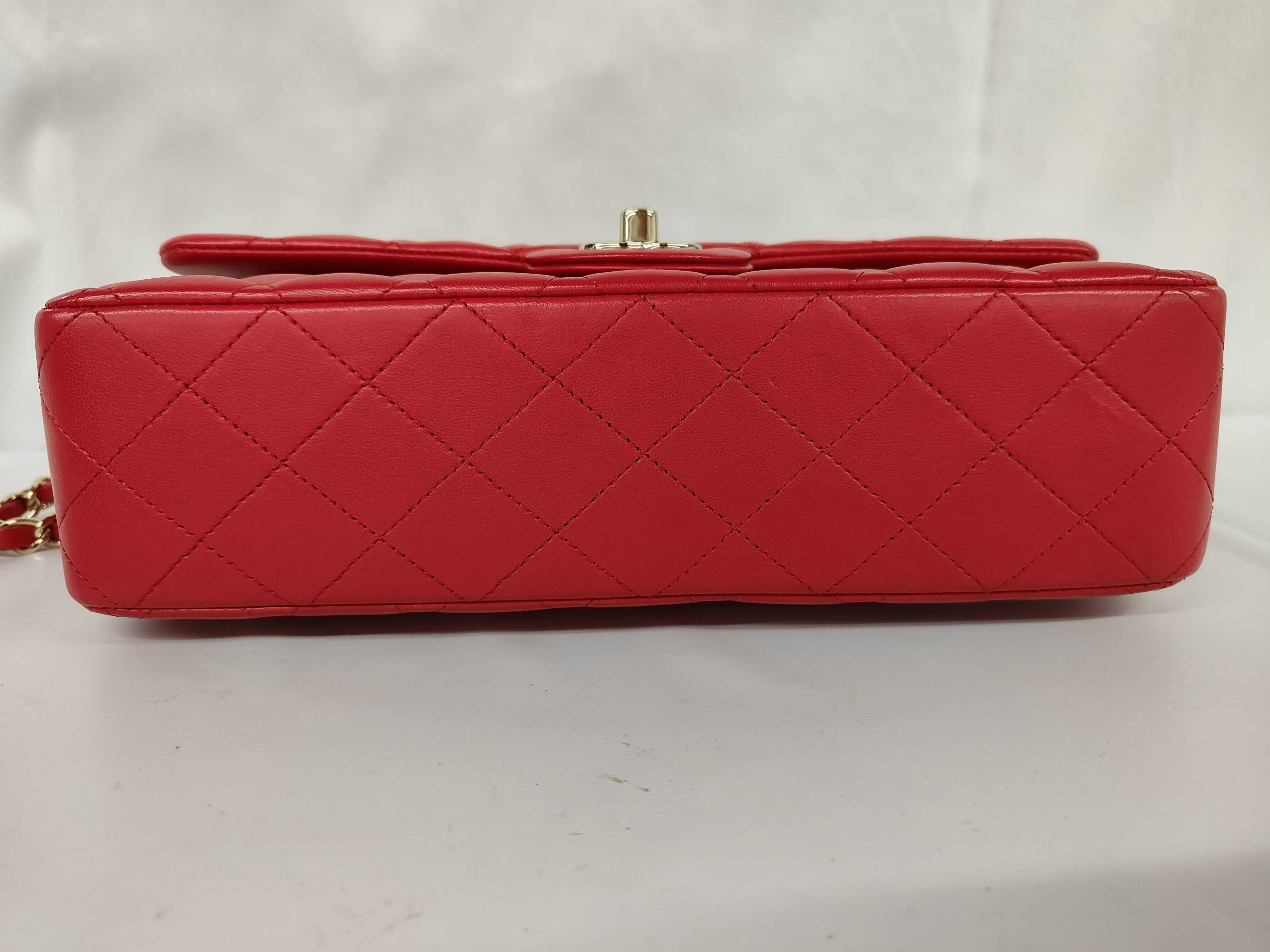 Matelassé Double Flap Chain Shoulder Bag, Red Lambskin, Gold Hardware. — view 7