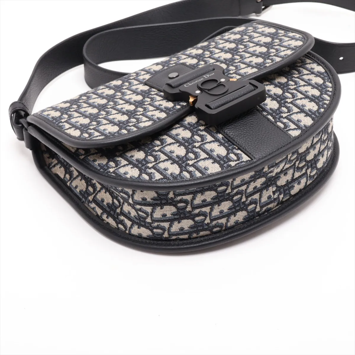Oblique Gallop Canvas x Leather Shoulder Bag, Navy — view 4