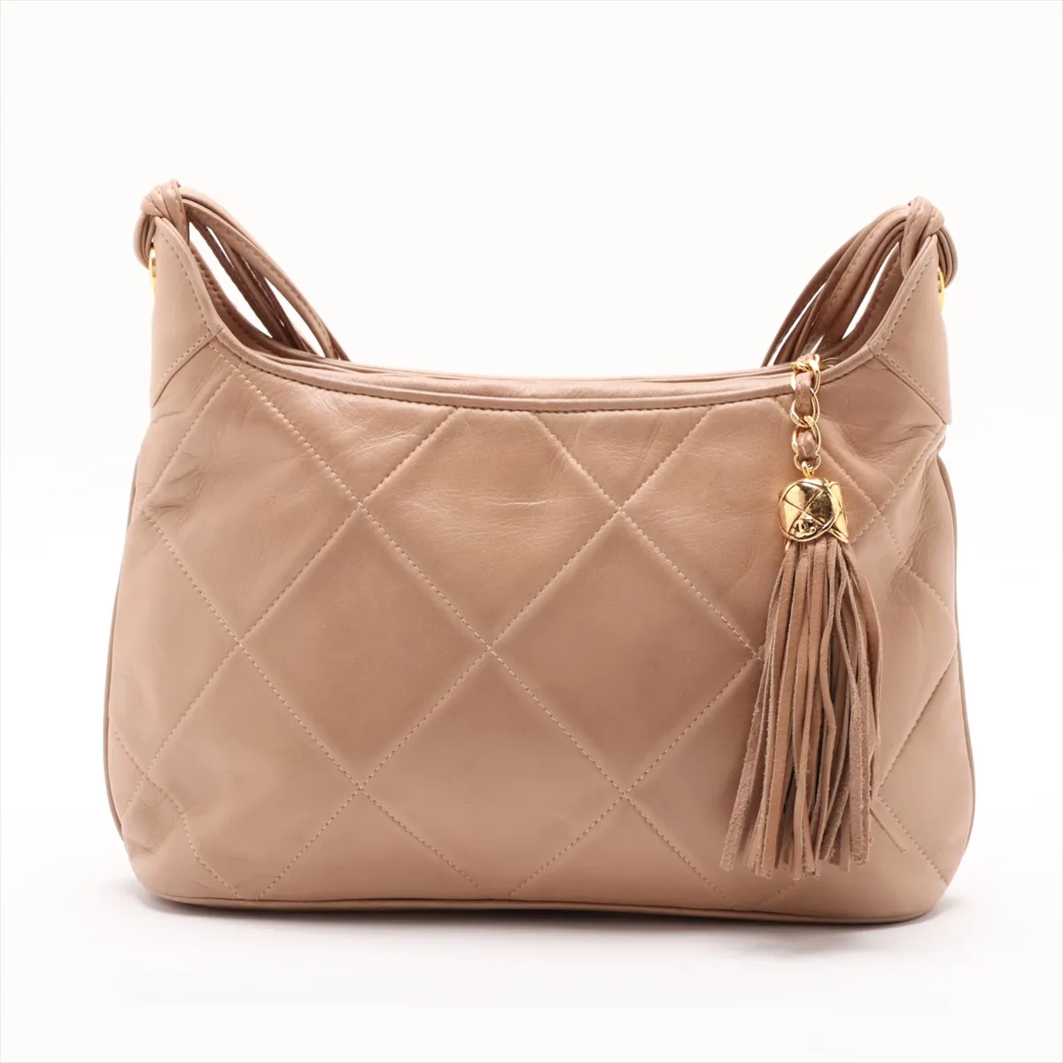 Matelassé Lambskin Shoulder Bag with Fringe, Beige, Gold Hardware, Item No. 1729345 — view 2