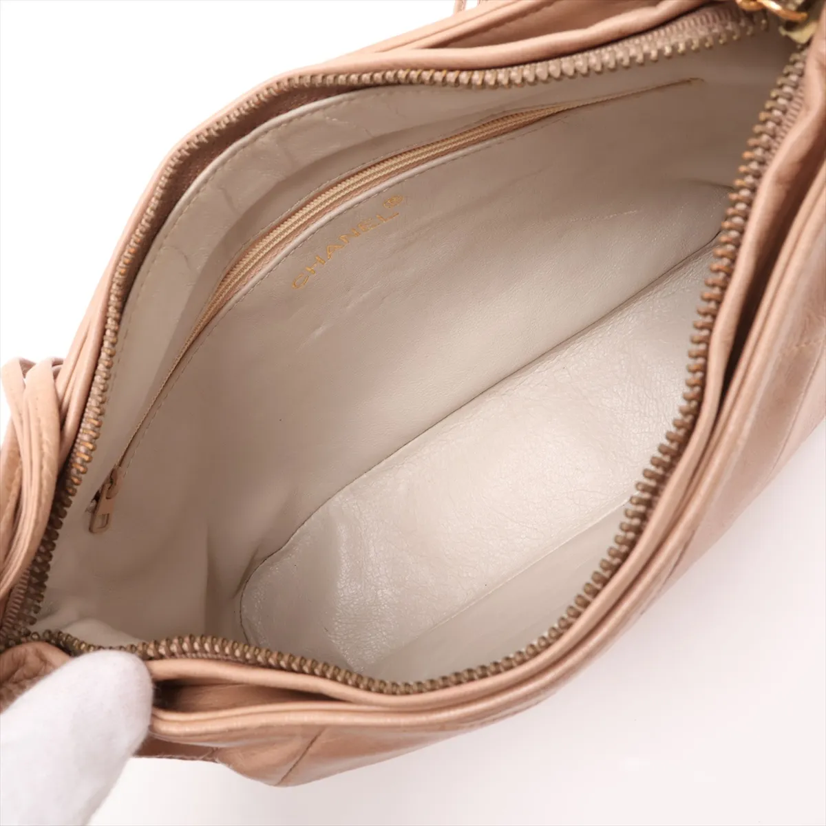 Matelassé Lambskin Shoulder Bag with Fringe, Beige, Gold Hardware, Item No. 1729345 — view 6