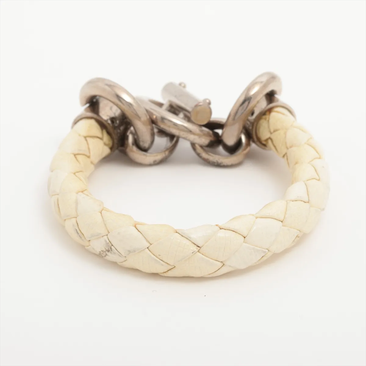 bracelet, metal and leather, silver and white. Shows signs of wear: — view 2