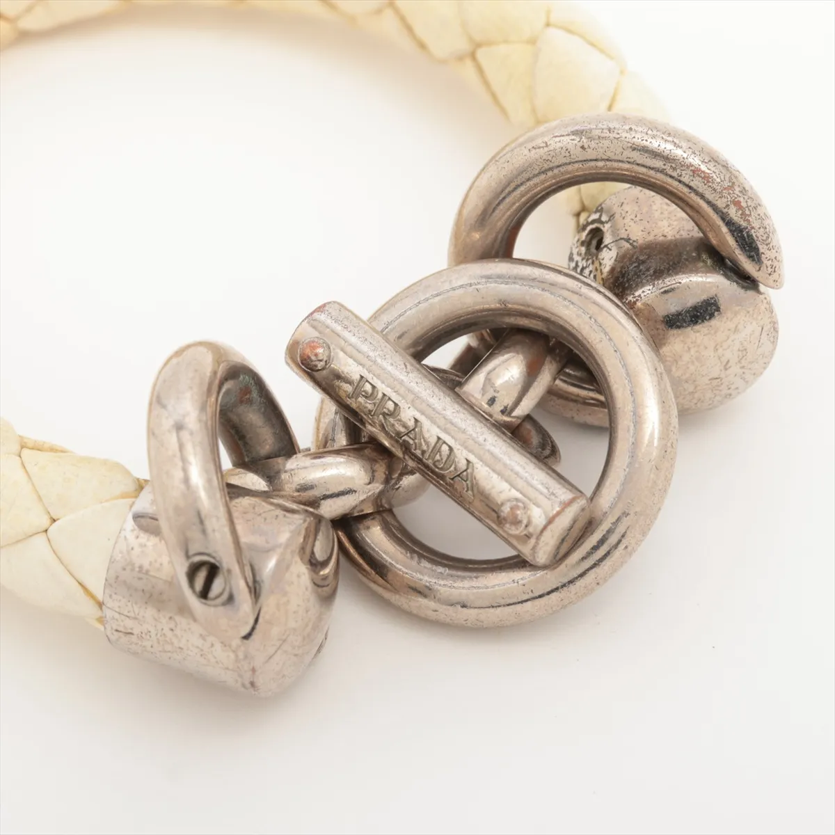 bracelet, metal and leather, silver and white. Shows signs of wear: — view 3