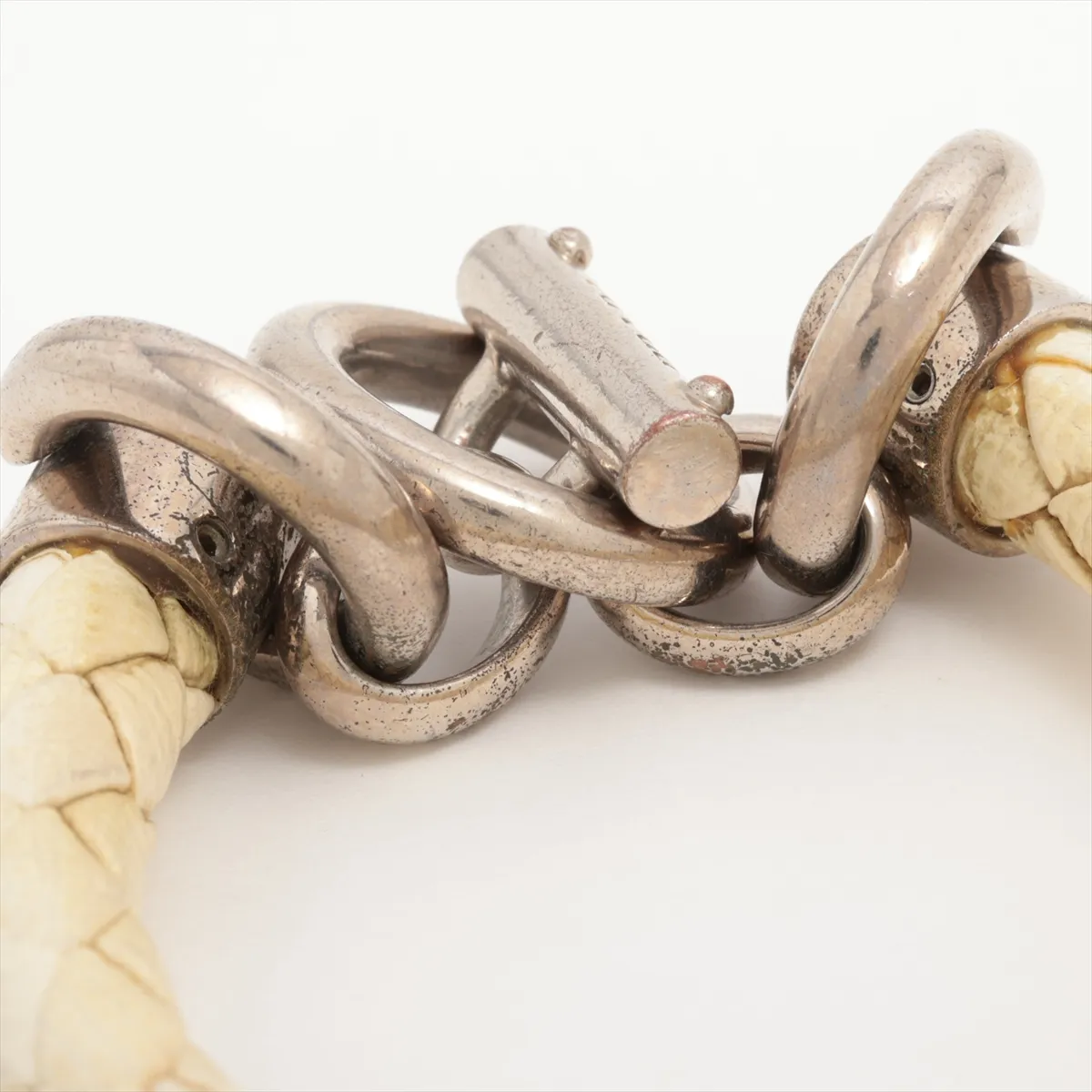 bracelet, metal and leather, silver and white. Shows signs of wear: — view 4