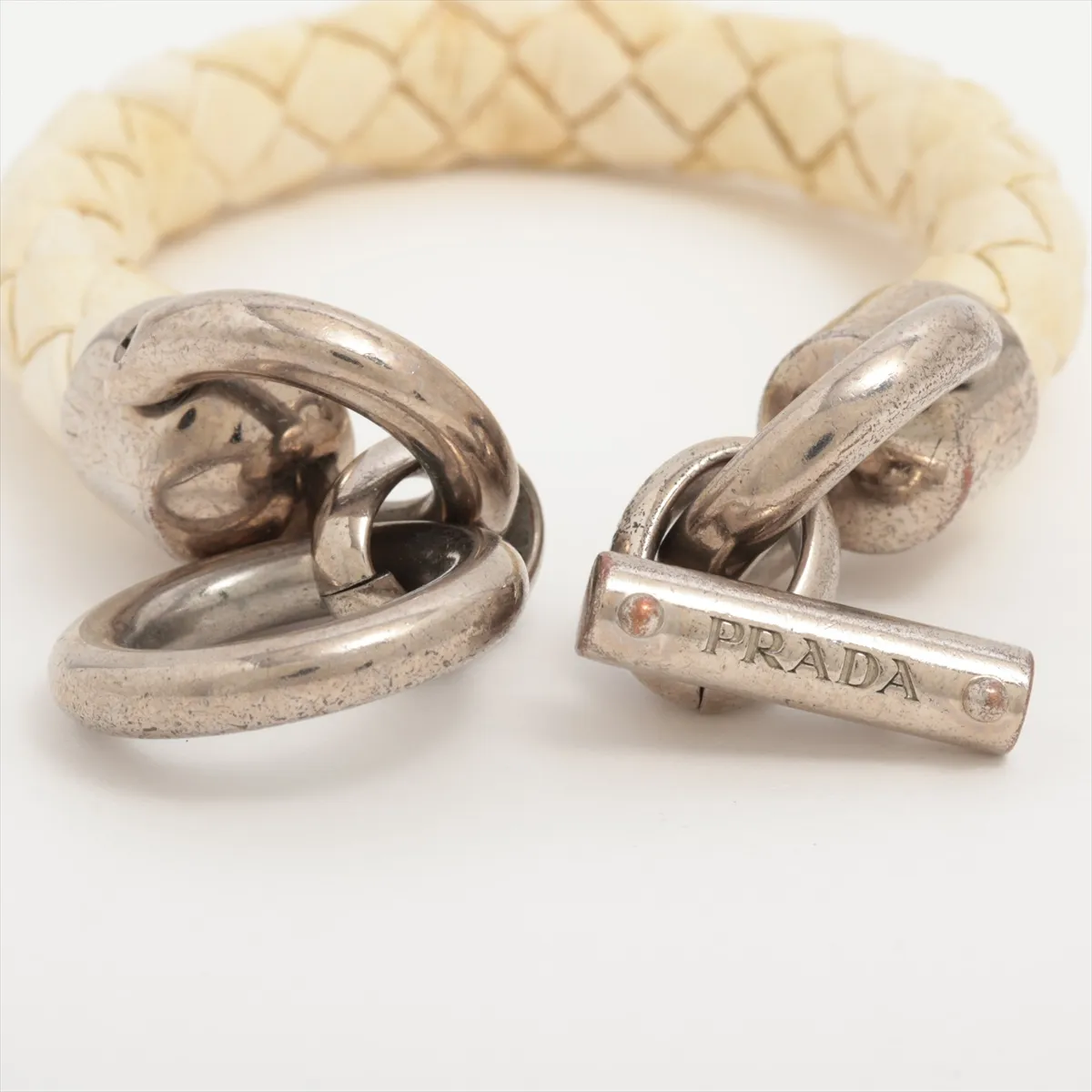 bracelet, metal and leather, silver and white. Shows signs of wear: — view 5