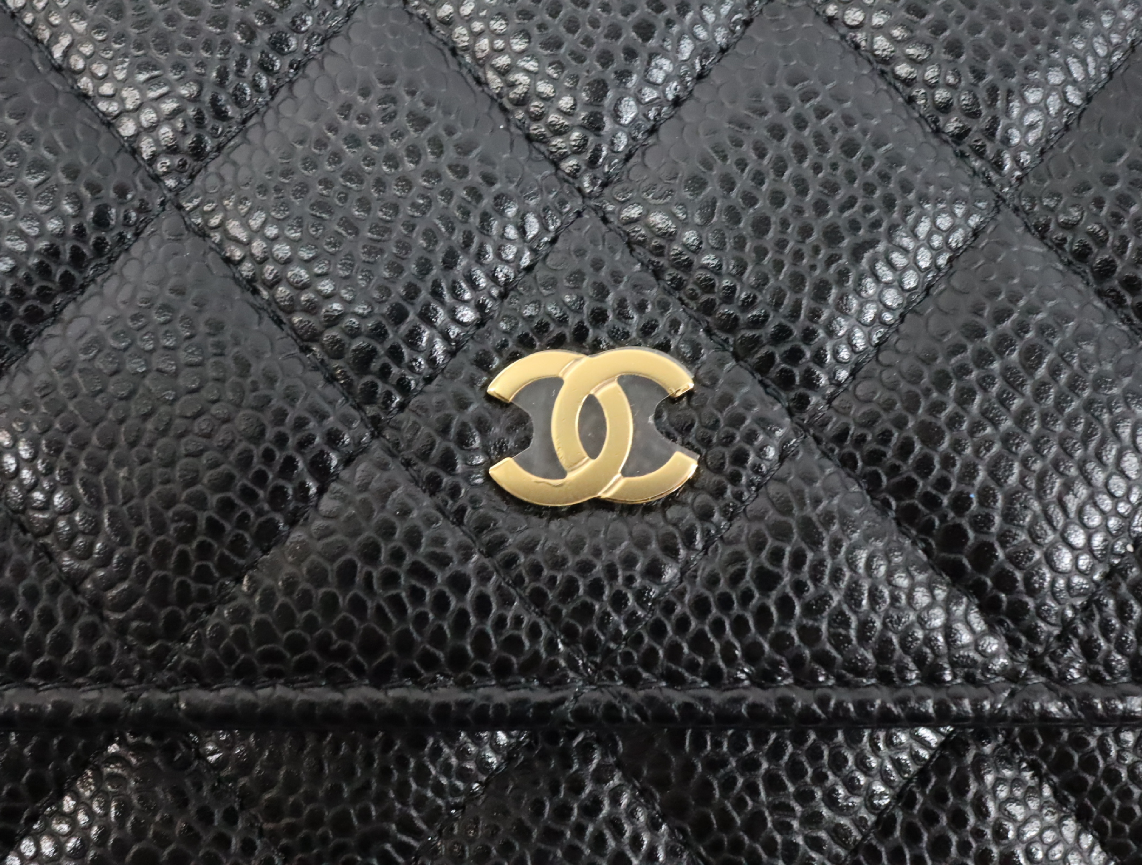 Matelassé Caviar Skin Chain Wallet, Black with Gold Hardware, Serial Number 29 (AP0250), Shoulder Bag — view 11