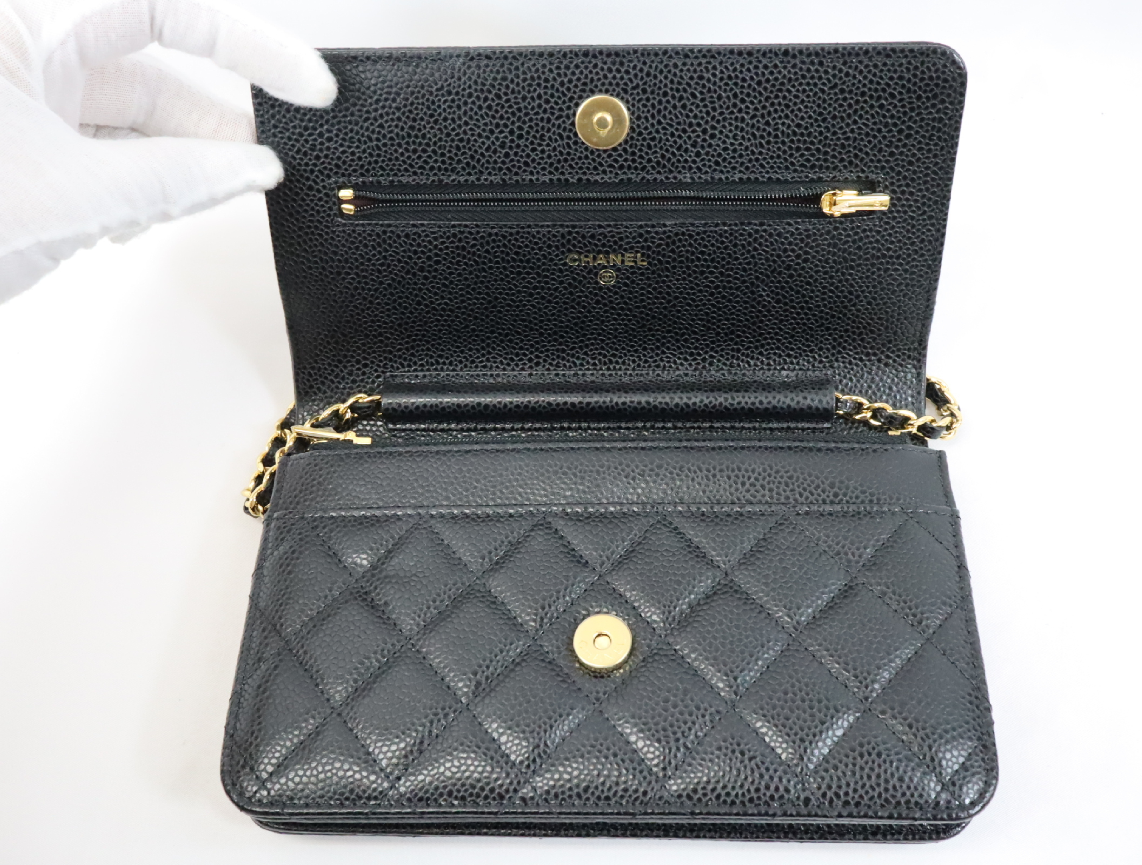 Matelassé Caviar Skin Chain Wallet, Black with Gold Hardware, Serial Number 29 (AP0250), Shoulder Bag — view 12