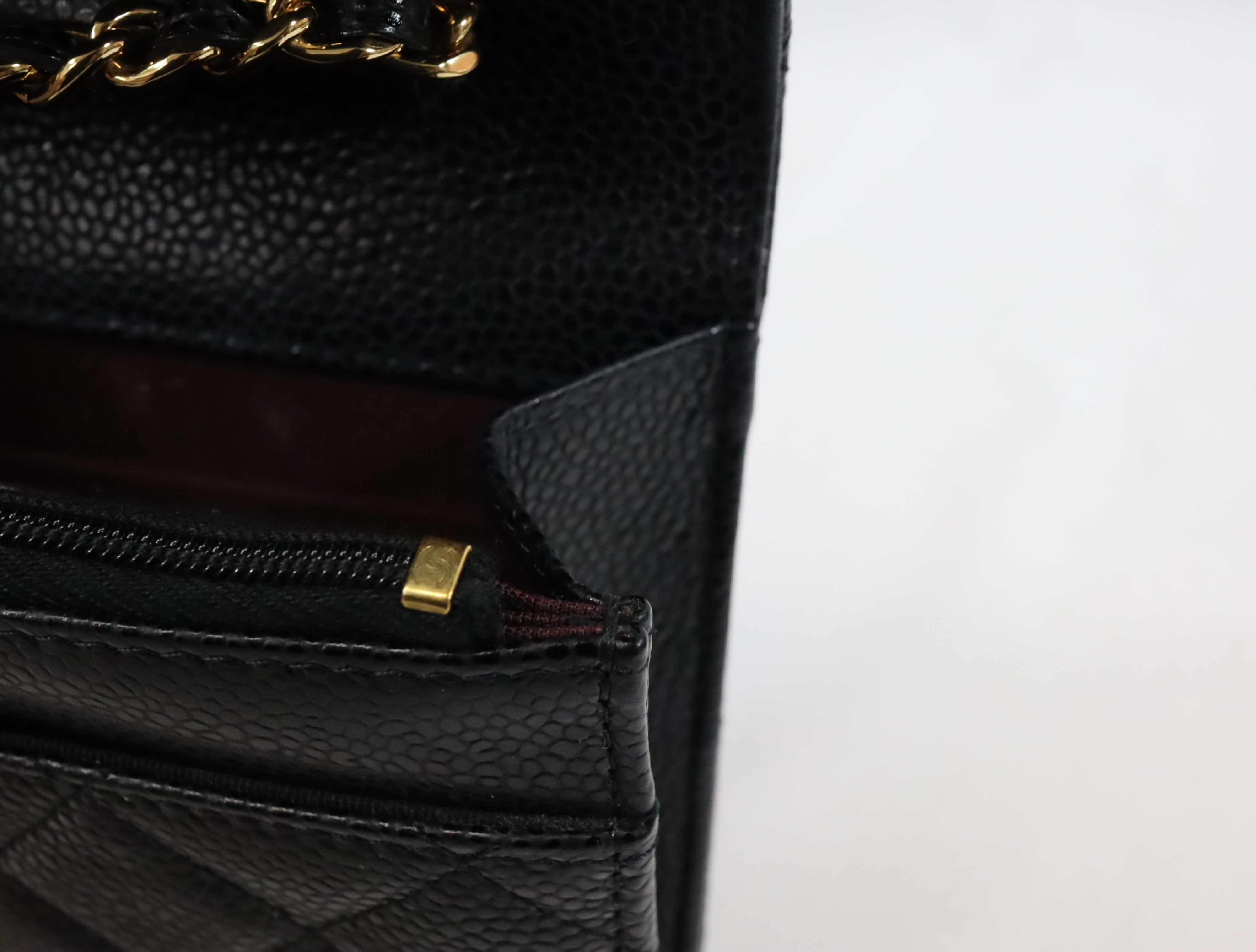 Matelassé Caviar Skin Chain Wallet, Black with Gold Hardware, Serial Number 29 (AP0250), Shoulder Bag — view 13