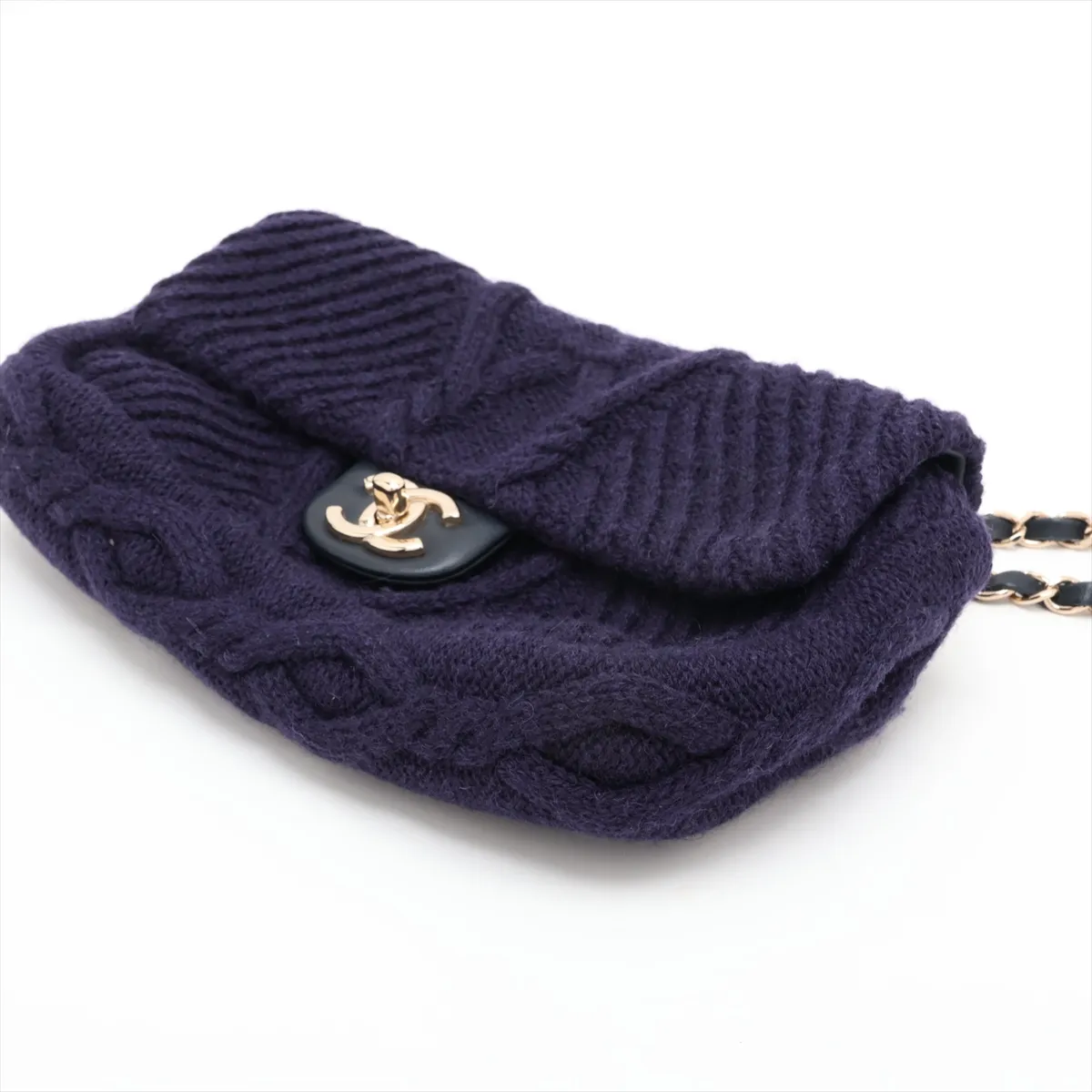 Coco Mark Knit Single Flap Double Chain Bag, Navy, Gold Hardware, 26132168, Serial Number 26 — view 3