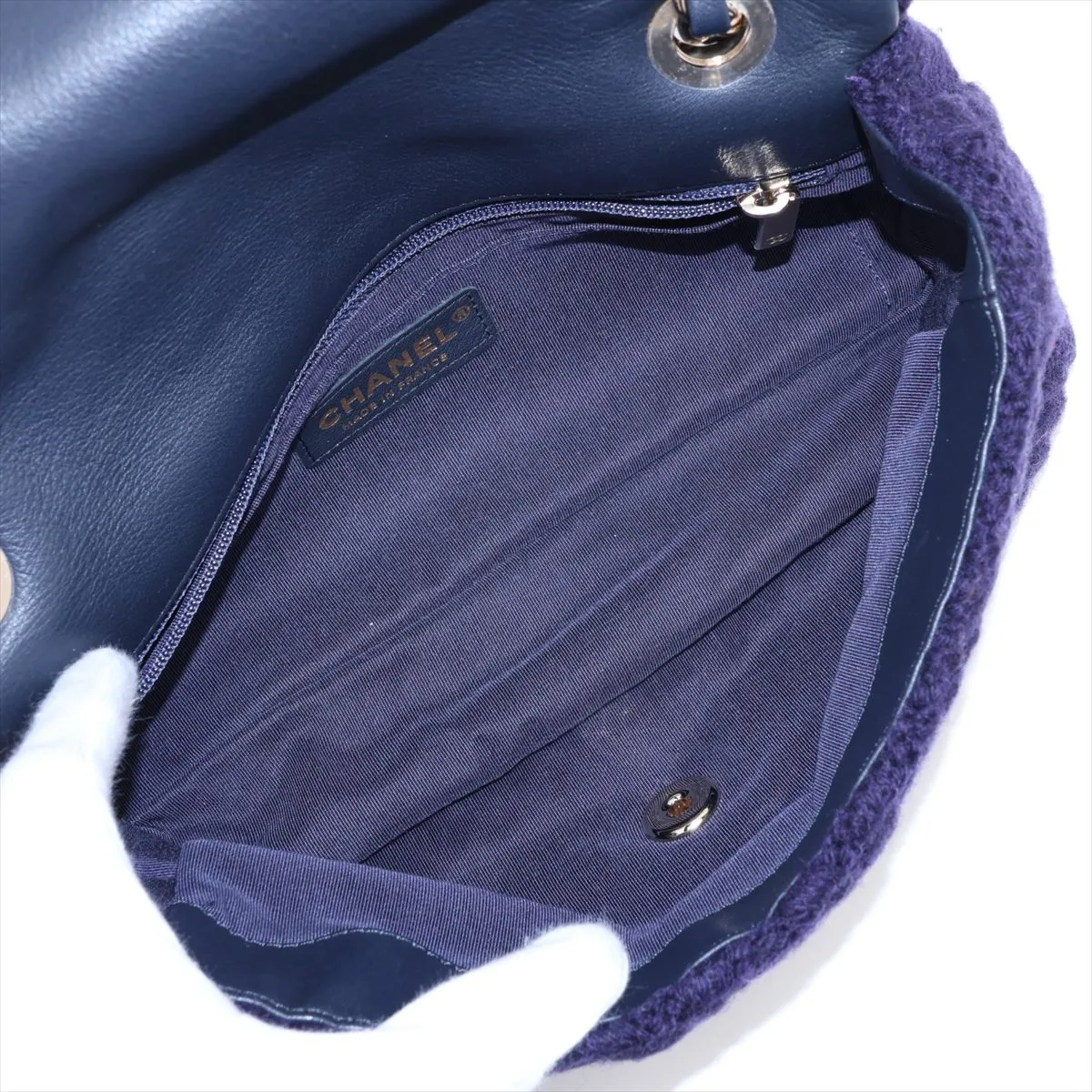 Coco Mark Knit Single Flap Double Chain Bag, Navy, Gold Hardware, 26132168, Serial Number 26 — view 7