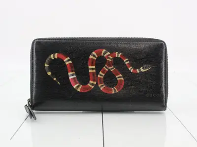 Leather long wallet, round zipper, snake pattern