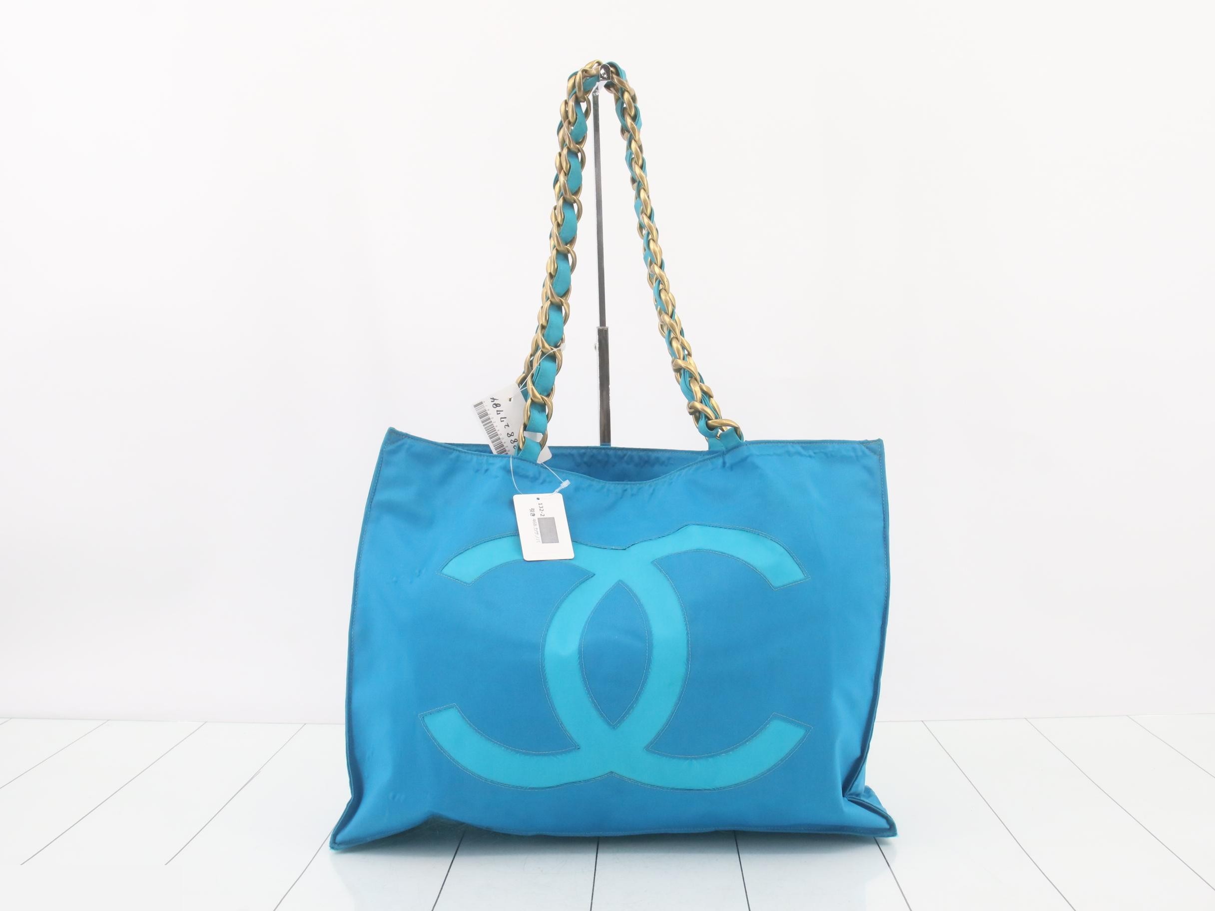 Vintage Chanel logo chain tote bag, Coco Mark, turquoise blue