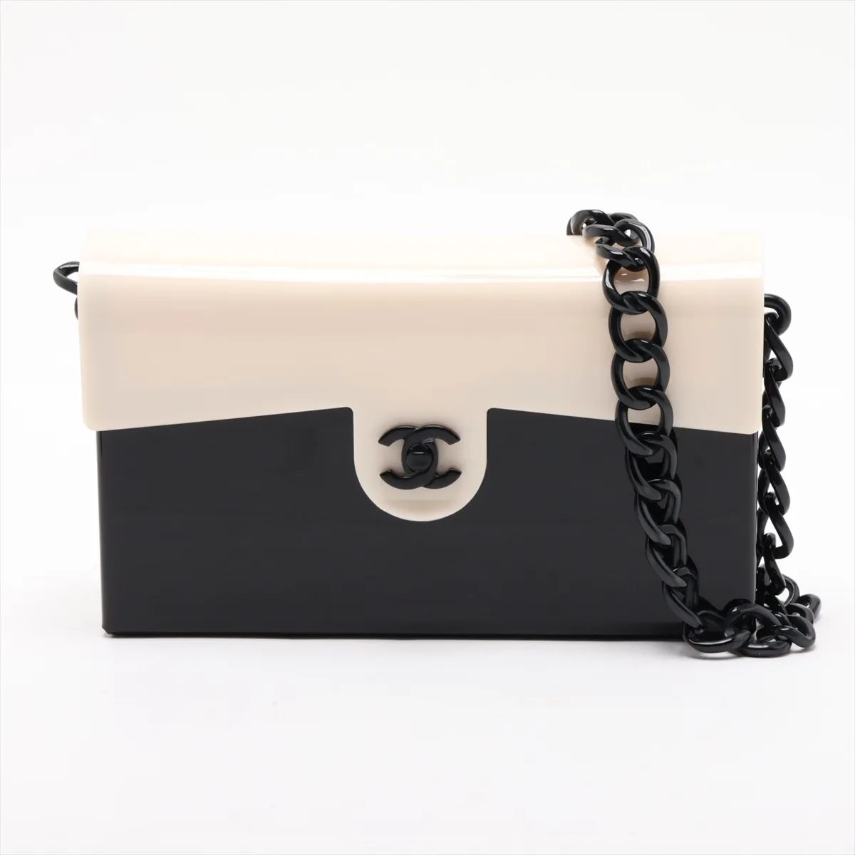 Coco Mark Plastic Chain Shoulder Bag, Black x White, Black Hardware, 6505990, Series 6