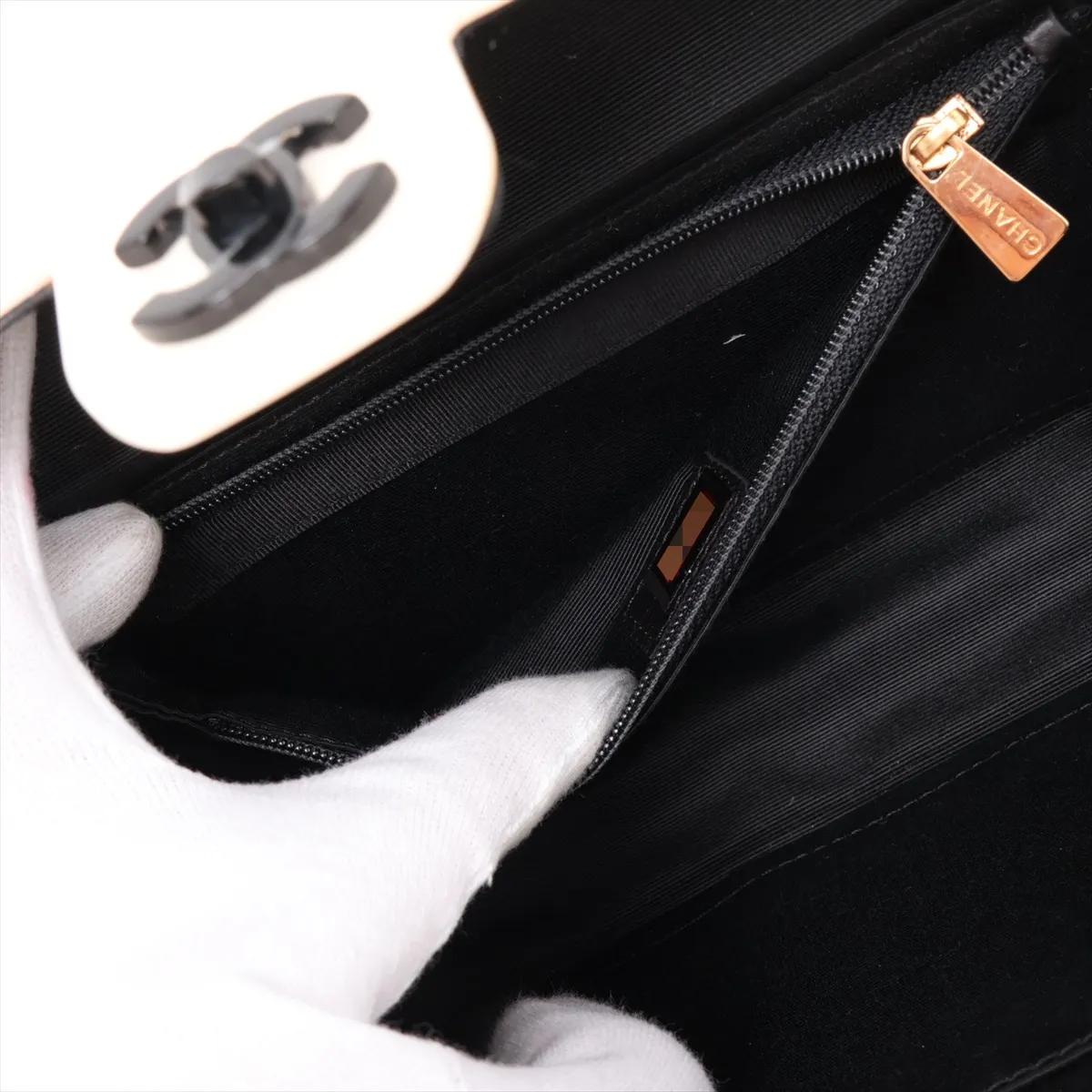 Coco Mark Plastic Chain Shoulder Bag, Black x White, Black Hardware, 6505990, Series 6 — view 7