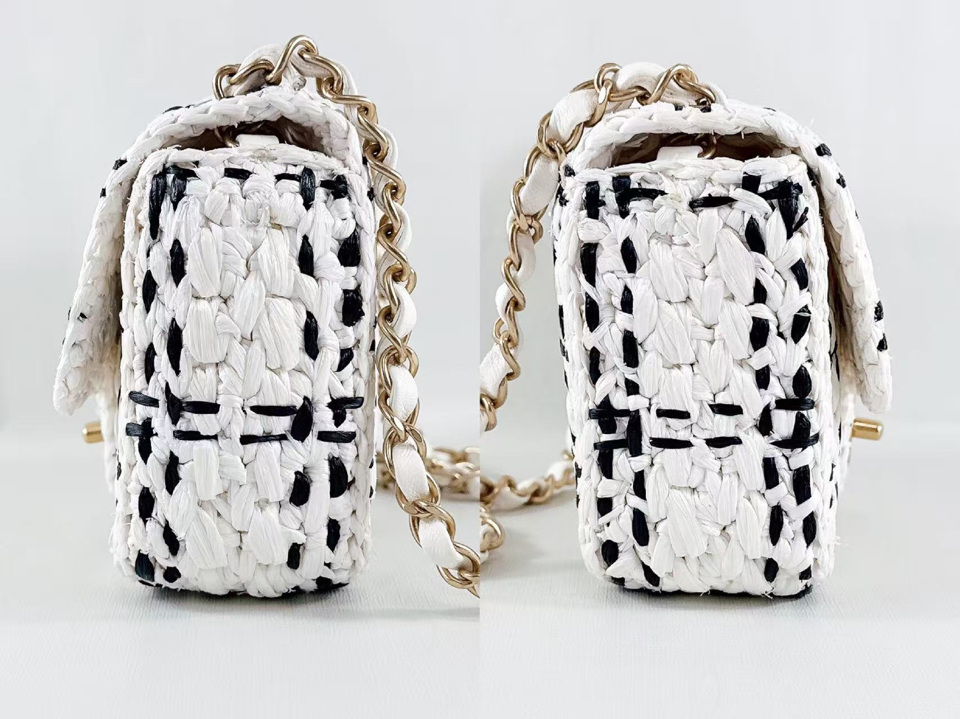 Raffia Effect Tweed Black x White Bicolor Shoulder Bag (W17/H13/D6cm approx.) [Comes with dust bag and serial plate] Vintage Gold Hardware P24LNHH Shoulder Bag — view 12