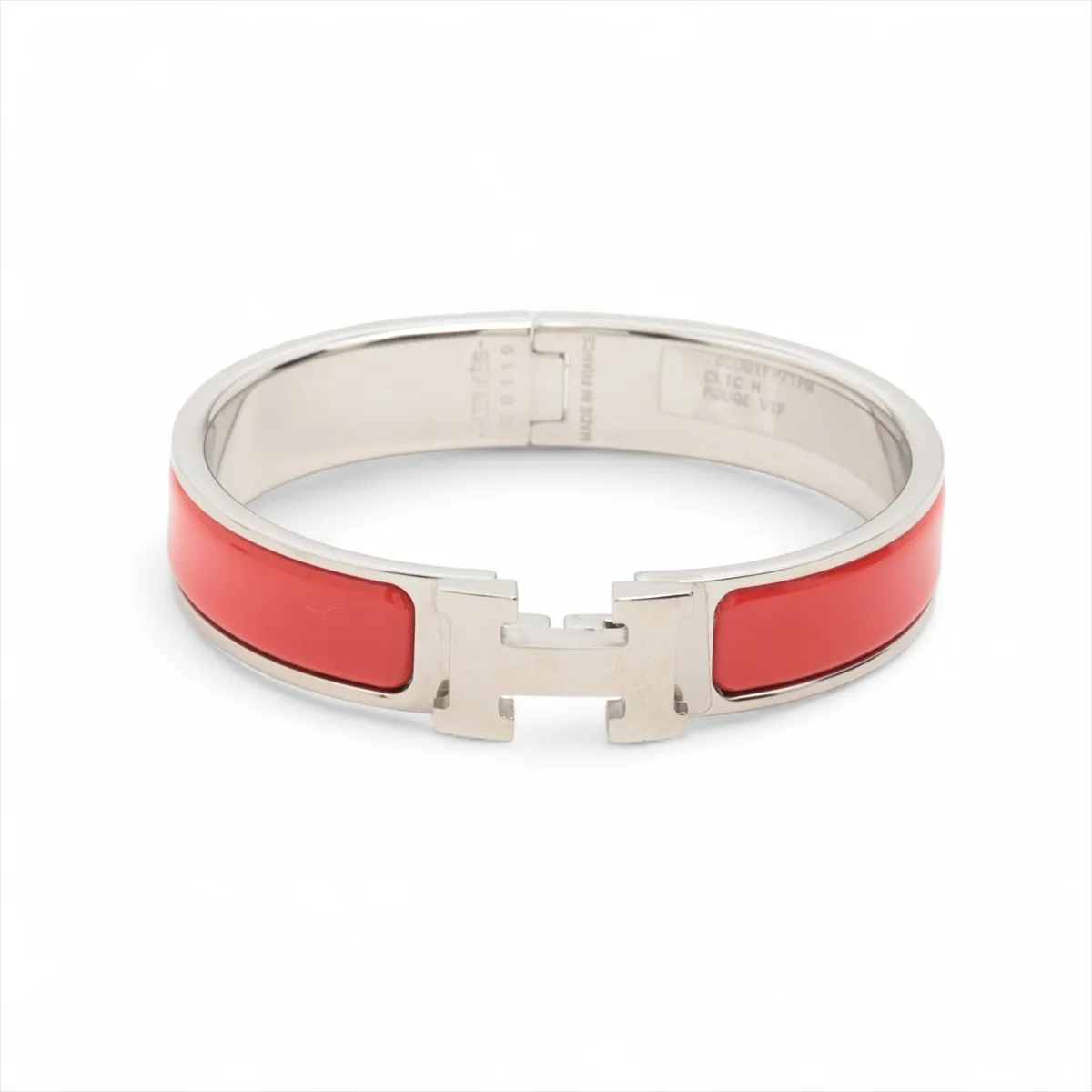 Clic Clac H Bangle Bracelet, Enamel x Metal, Red x Silver. Shows some wear, tarnishing, and