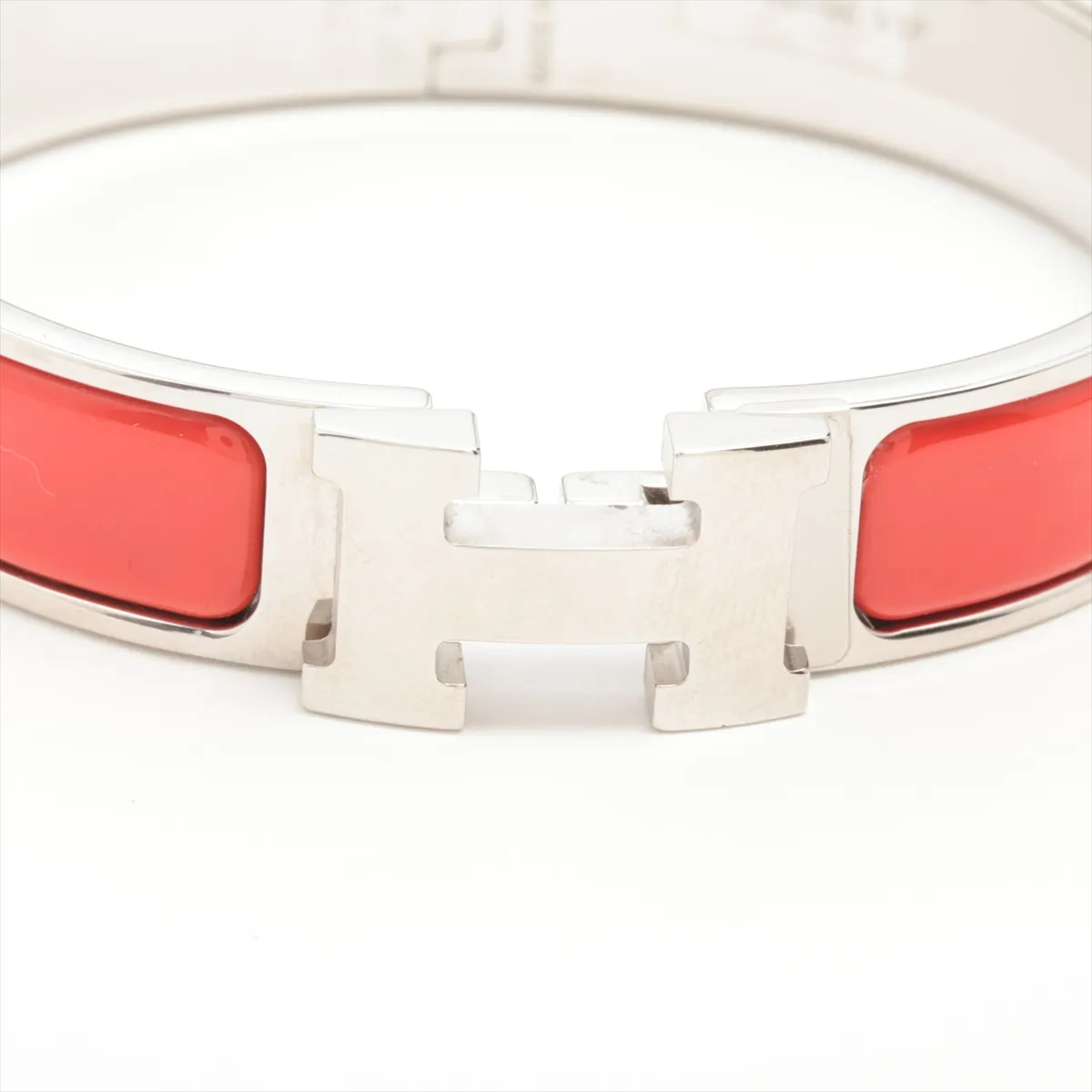 Clic Clac H Bangle Bracelet, Enamel x Metal, Red x Silver. Shows some wear, tarnishing, and — view 3
