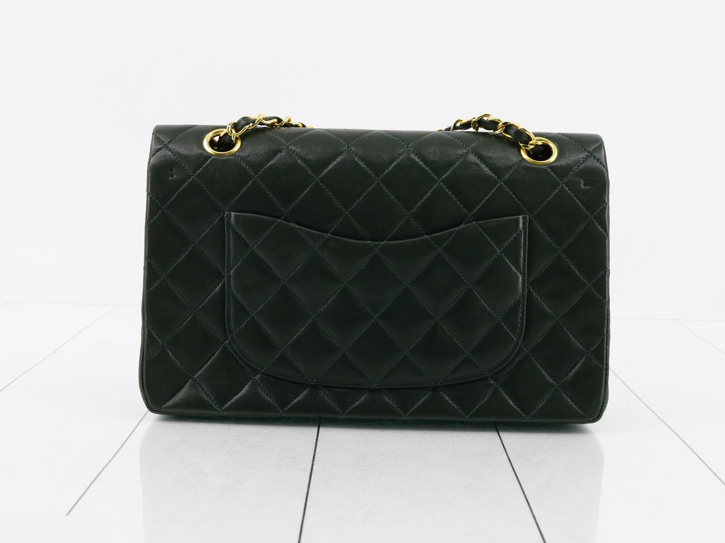 Matelassé 25 Classic Double Chain Shoulder Bag with Double Flap, Lambskin, Moss Green — view 2