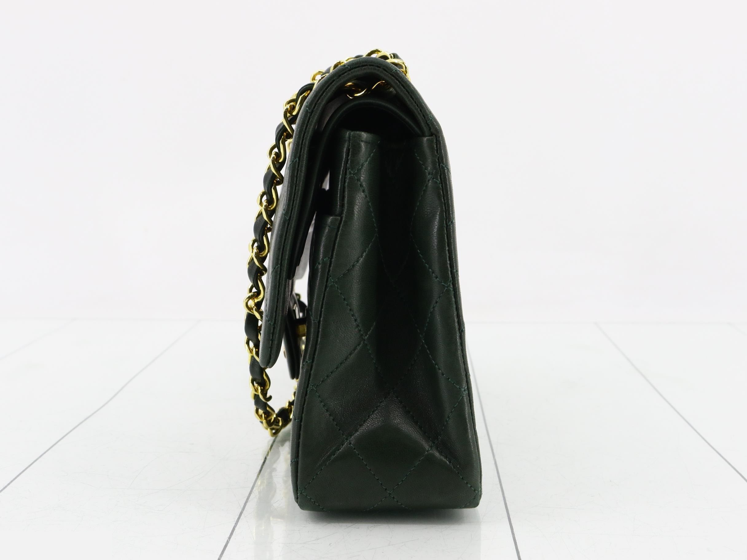 Matelassé 25 Classic Double Chain Shoulder Bag with Double Flap, Lambskin, Moss Green — view 3