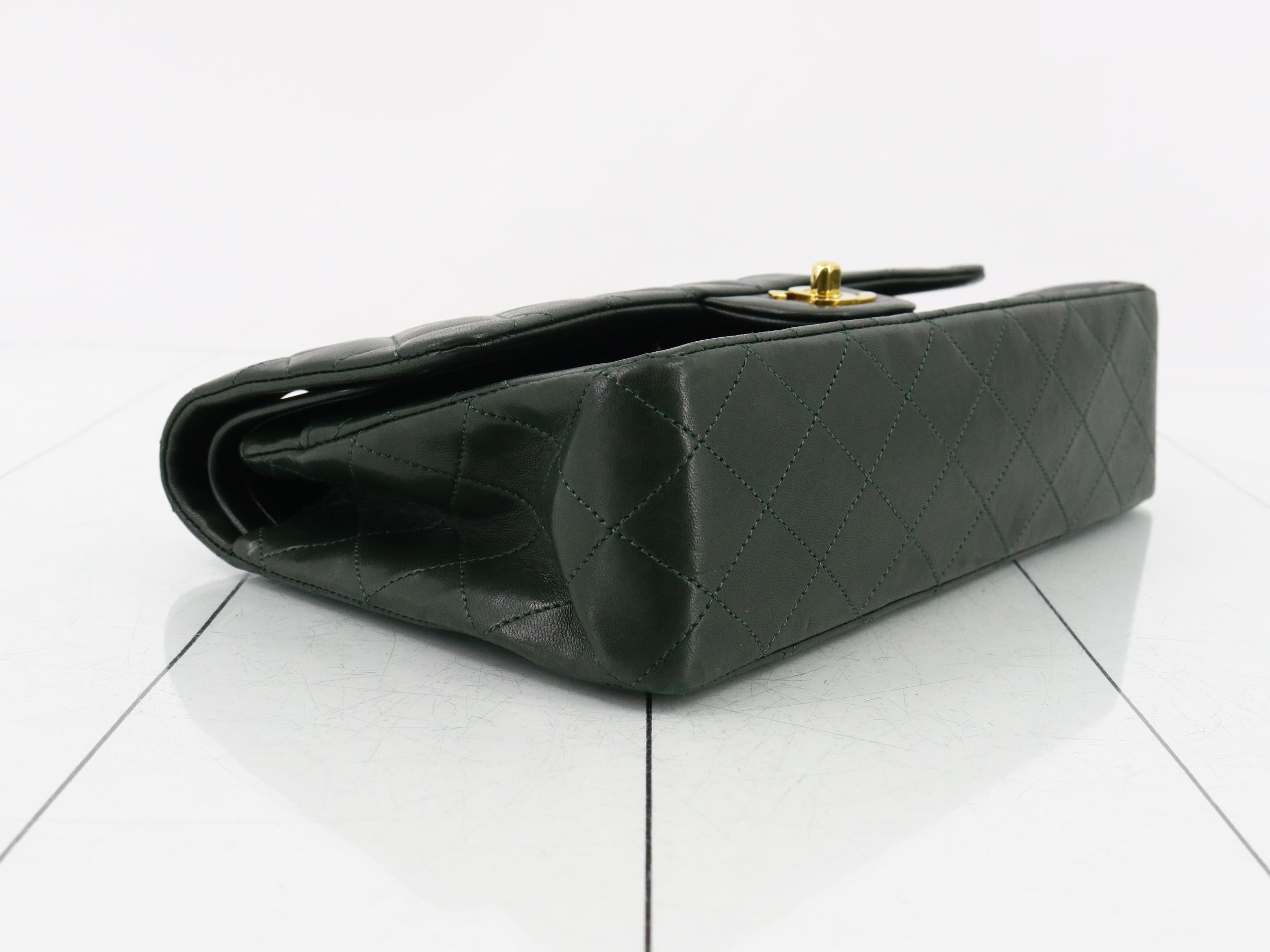 Matelassé 25 Classic Double Chain Shoulder Bag with Double Flap, Lambskin, Moss Green — view 5