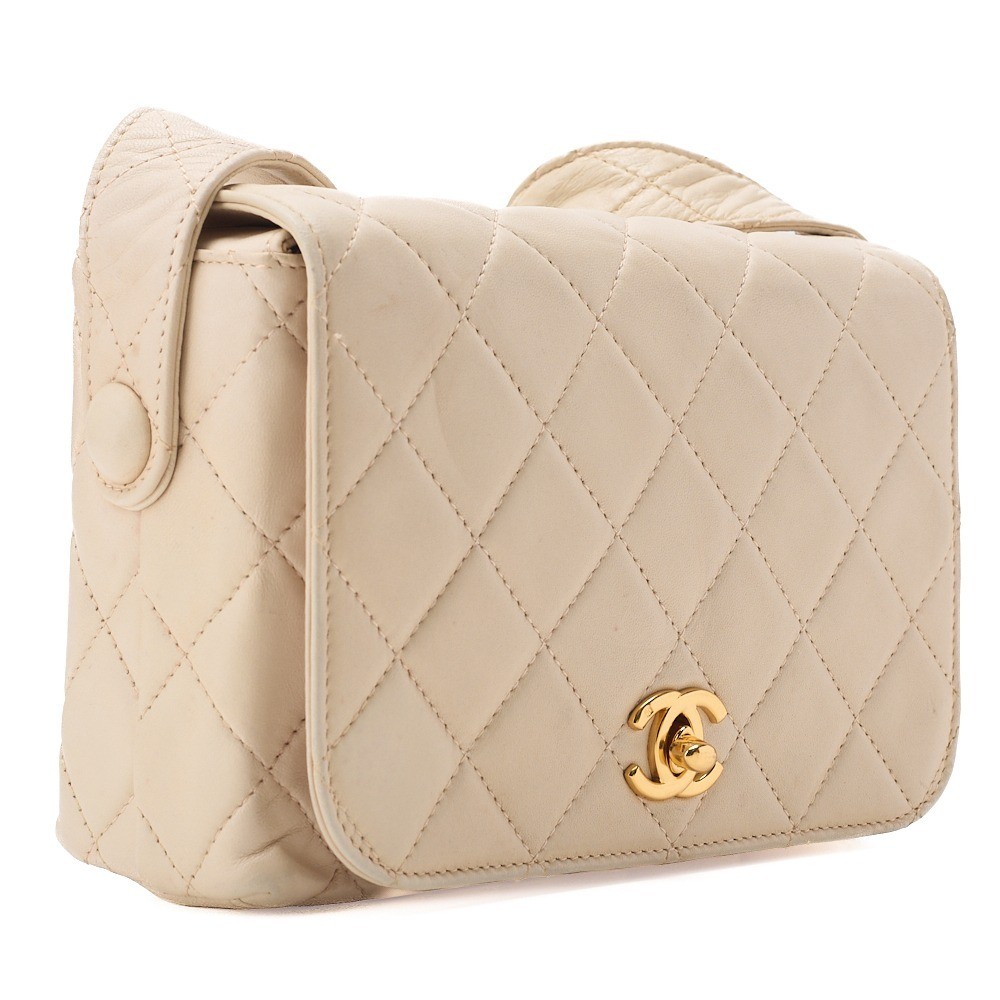 Lambskin Matelassé Full Flap Shoulder Bag, Ivory — view 3