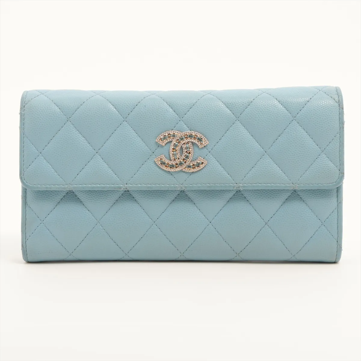 Matelassé Caviar Leather Long Wallet, Light Blue, Gold Hardware, 32033698