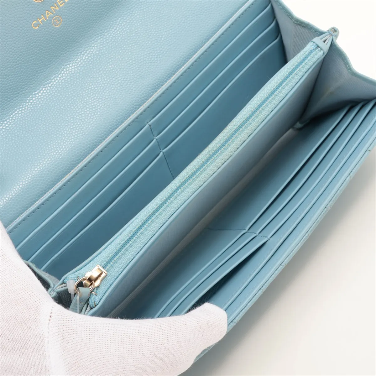 Matelassé Caviar Leather Long Wallet, Light Blue, Gold Hardware, 32033698 — view 4