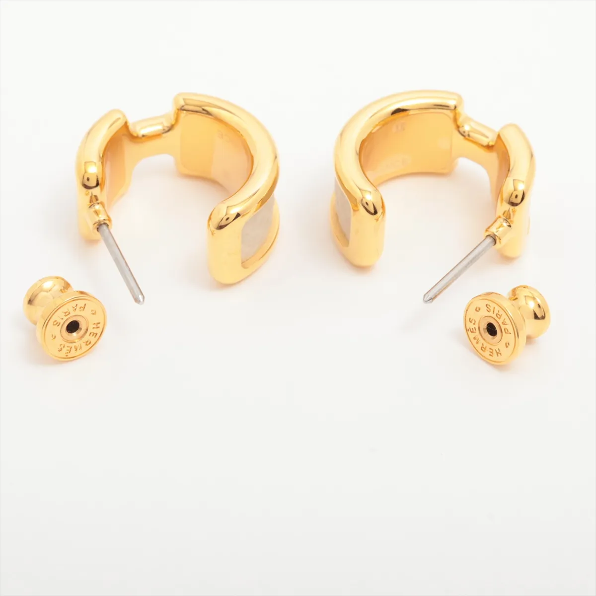 Olympe hoop earrings, gold-plated leather, gold and white. Shows signs of wear including — view 4