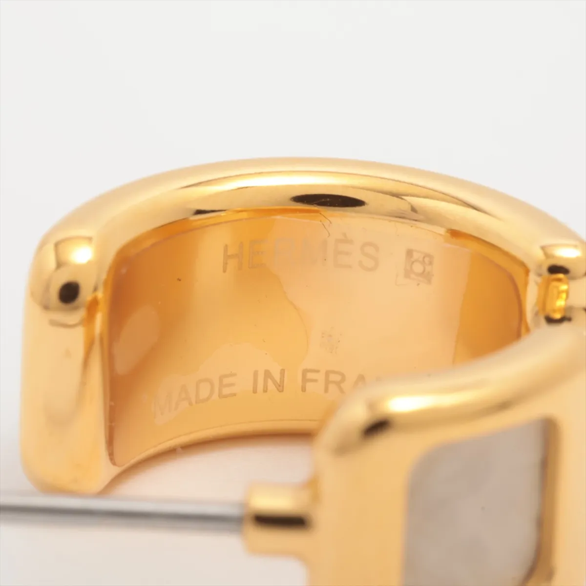 Olympe hoop earrings, gold-plated leather, gold and white. Shows signs of wear including — view 5