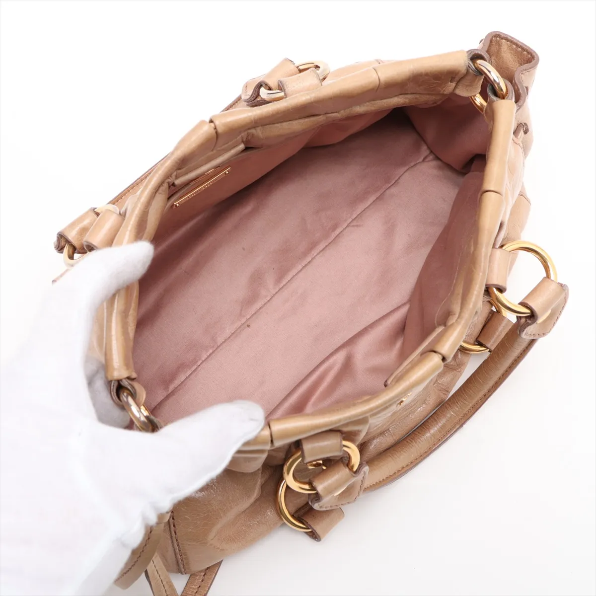 Leather 2-Way Handbag, Beige — view 8