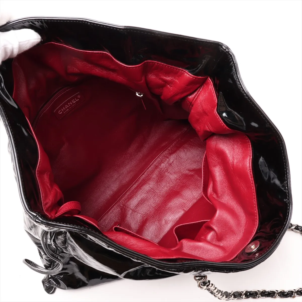 Coco Mark Patent Leather Chain Tote Bag, Black, Silver Hardware, 12557508, Serial Number 12 — view 7