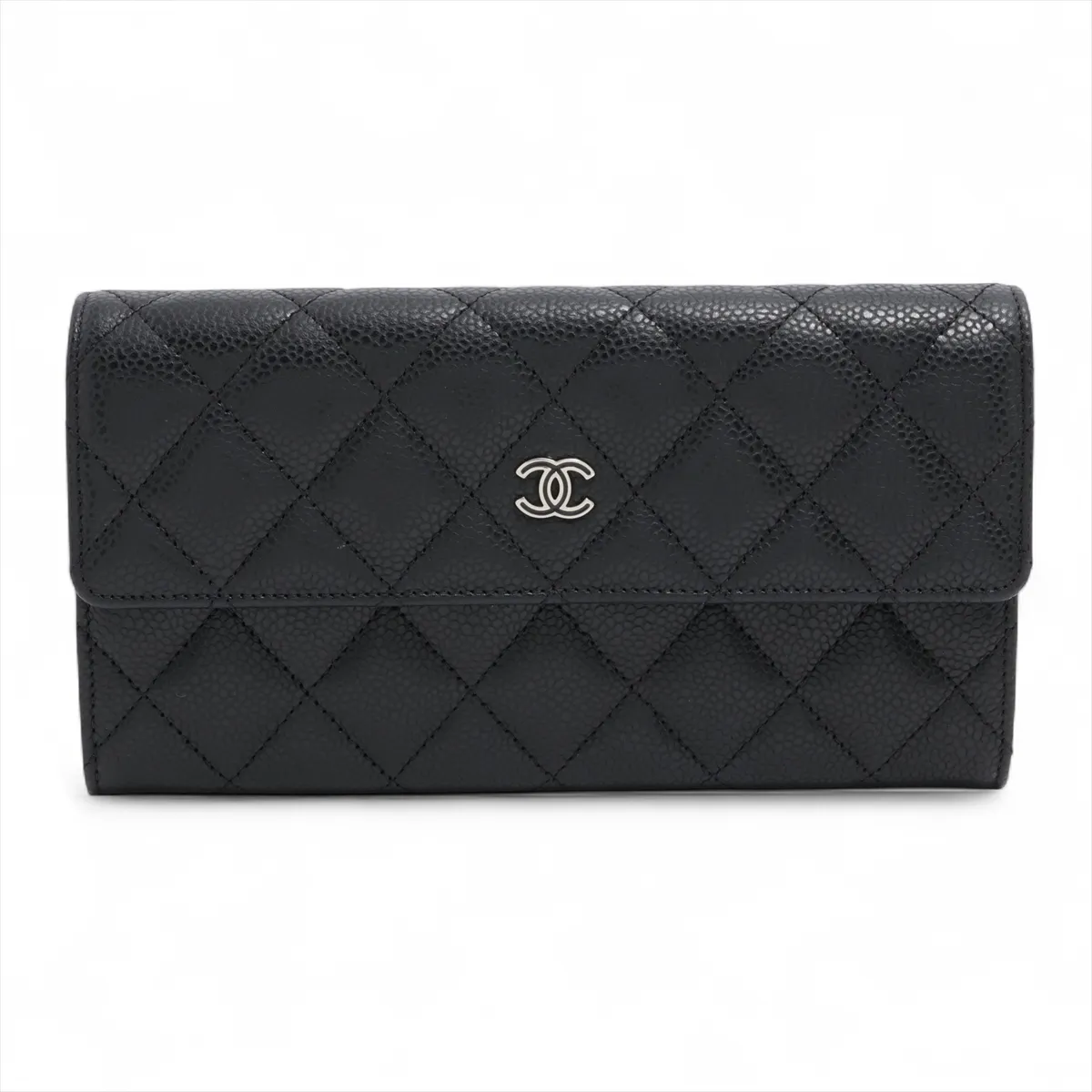 Matelassé Caviar Skin Long Wallet, Black with Silver Hardware, 21076324. There is some thread tension inside the card slots.