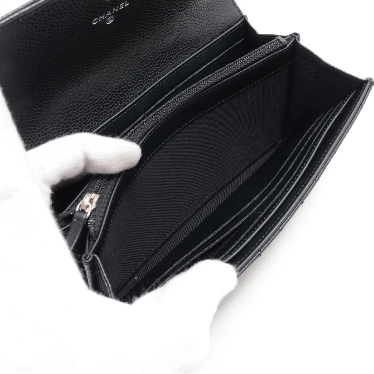Matelassé Caviar Skin Long Wallet, Black with Silver Hardware, 21076324. There is some thread tension inside the card slots. — view 6