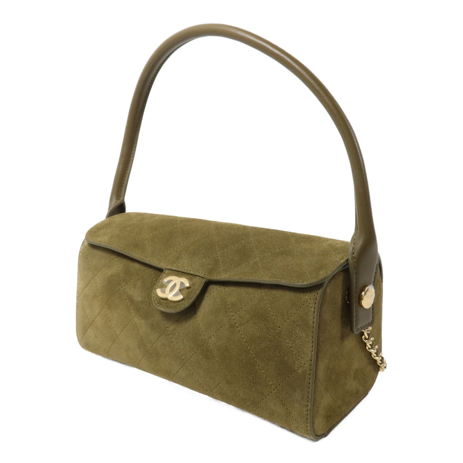 Barrel Clutch Bag with Chain Dark Khaki Suede and Calfskin w/GHW — view 3