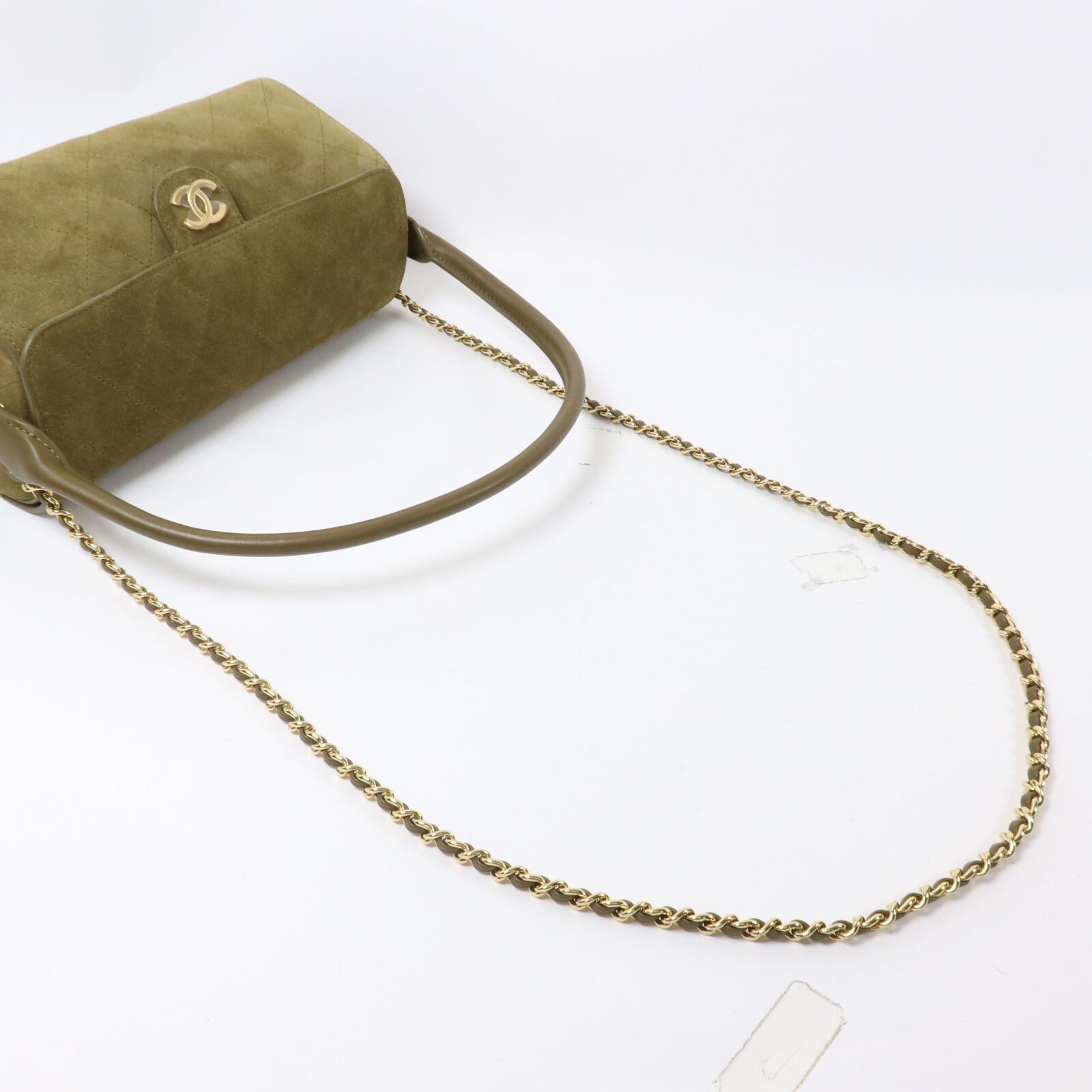 Barrel Clutch Bag with Chain Dark Khaki Suede and Calfskin w/GHW — view 9