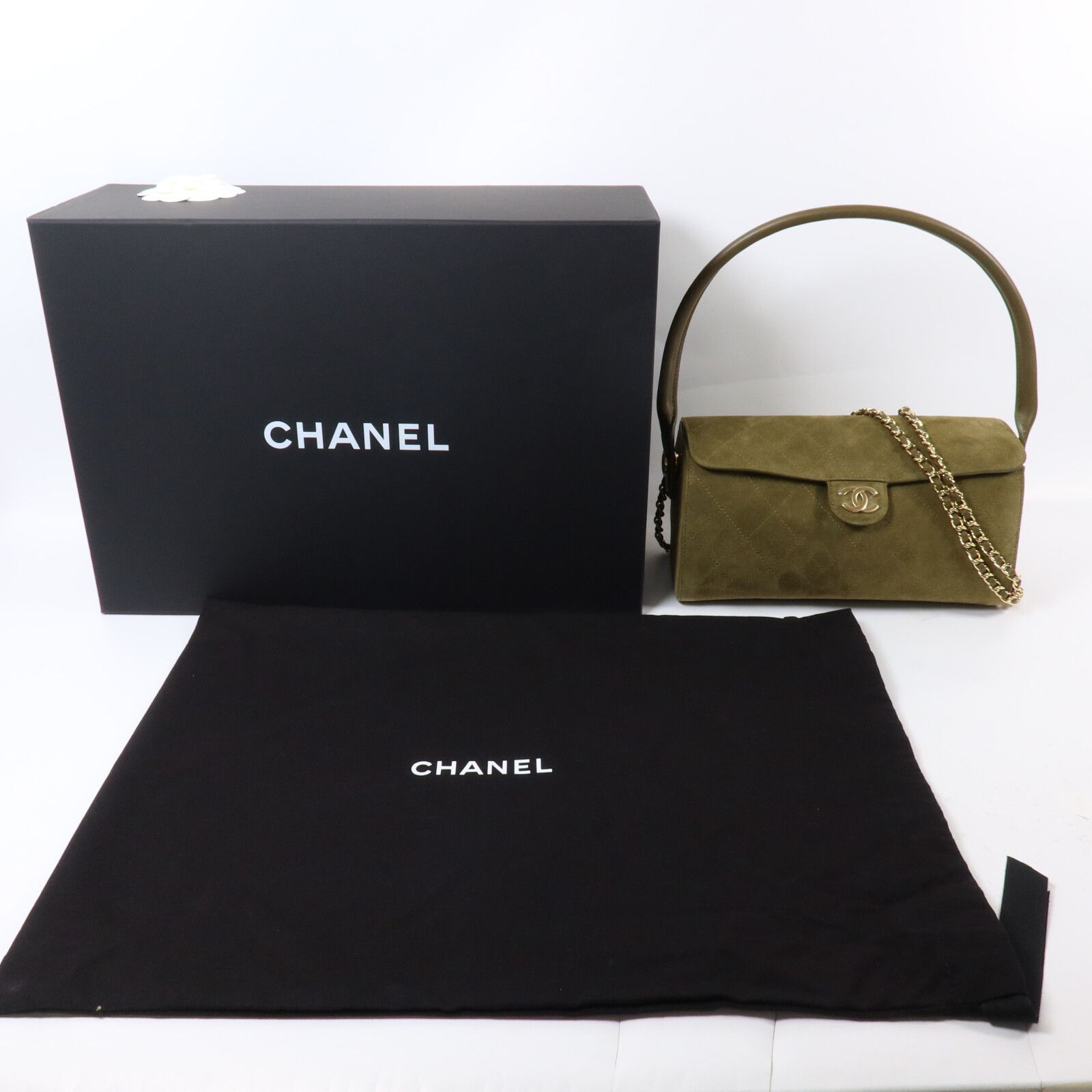 Barrel Clutch Bag with Chain Dark Khaki Suede and Calfskin w/GHW — view 10