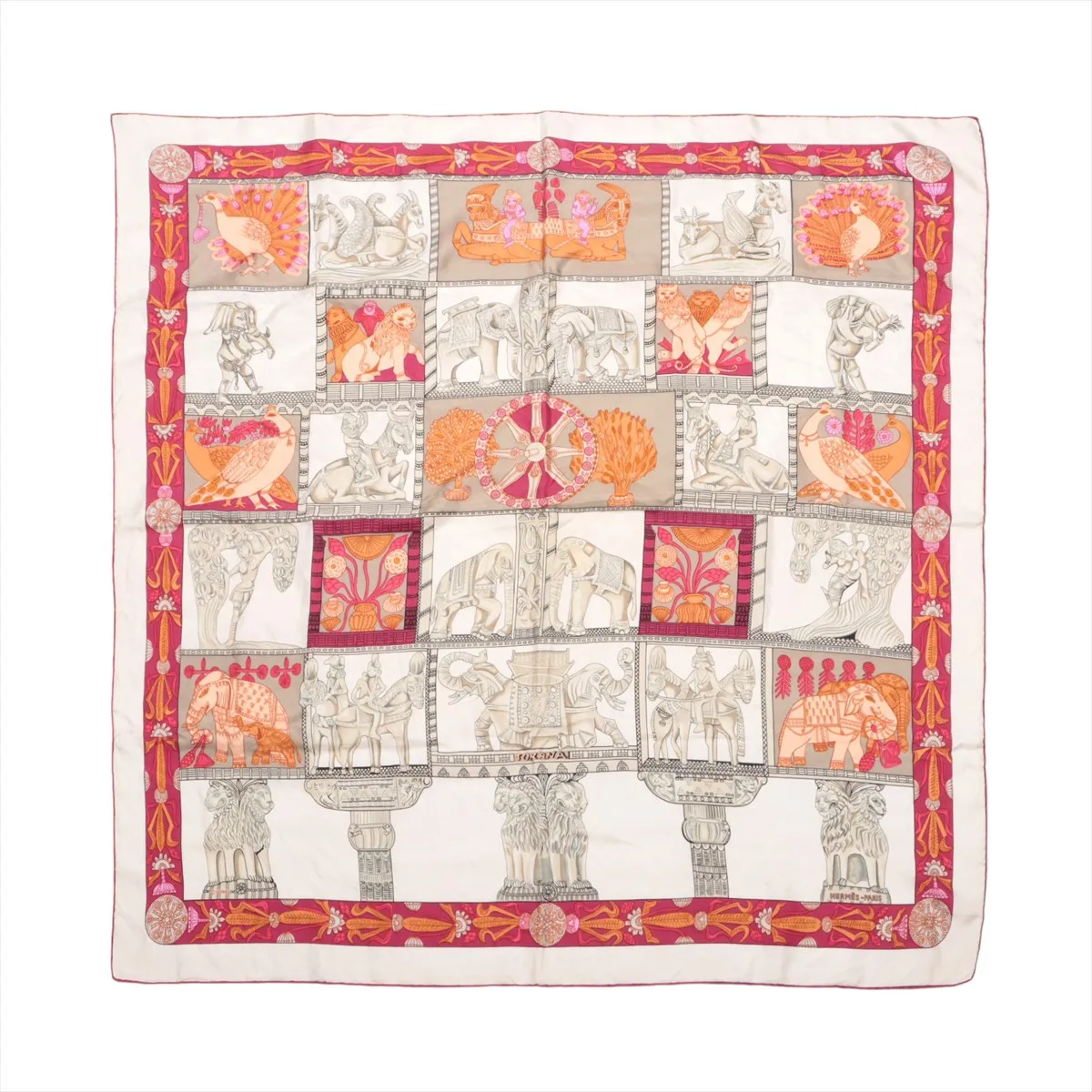 Carre 90 TORANA (Tower Gate) Scarf, Silk, Beige x Purple. Shows wear,