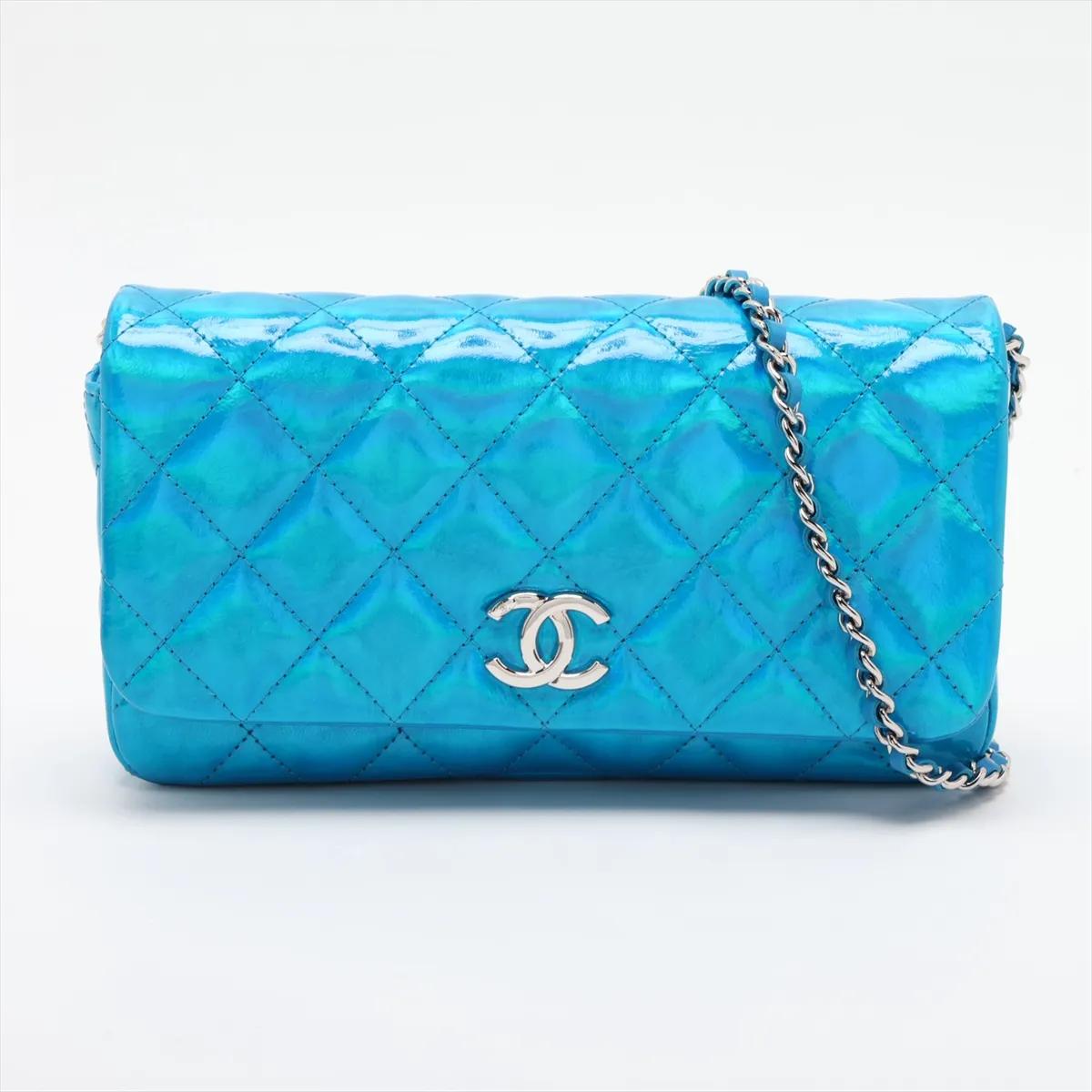 Matelassé Patent Leather Chain Shoulder Bag, Blue, Silver Hardware, CH8L2527, Random Serial Number