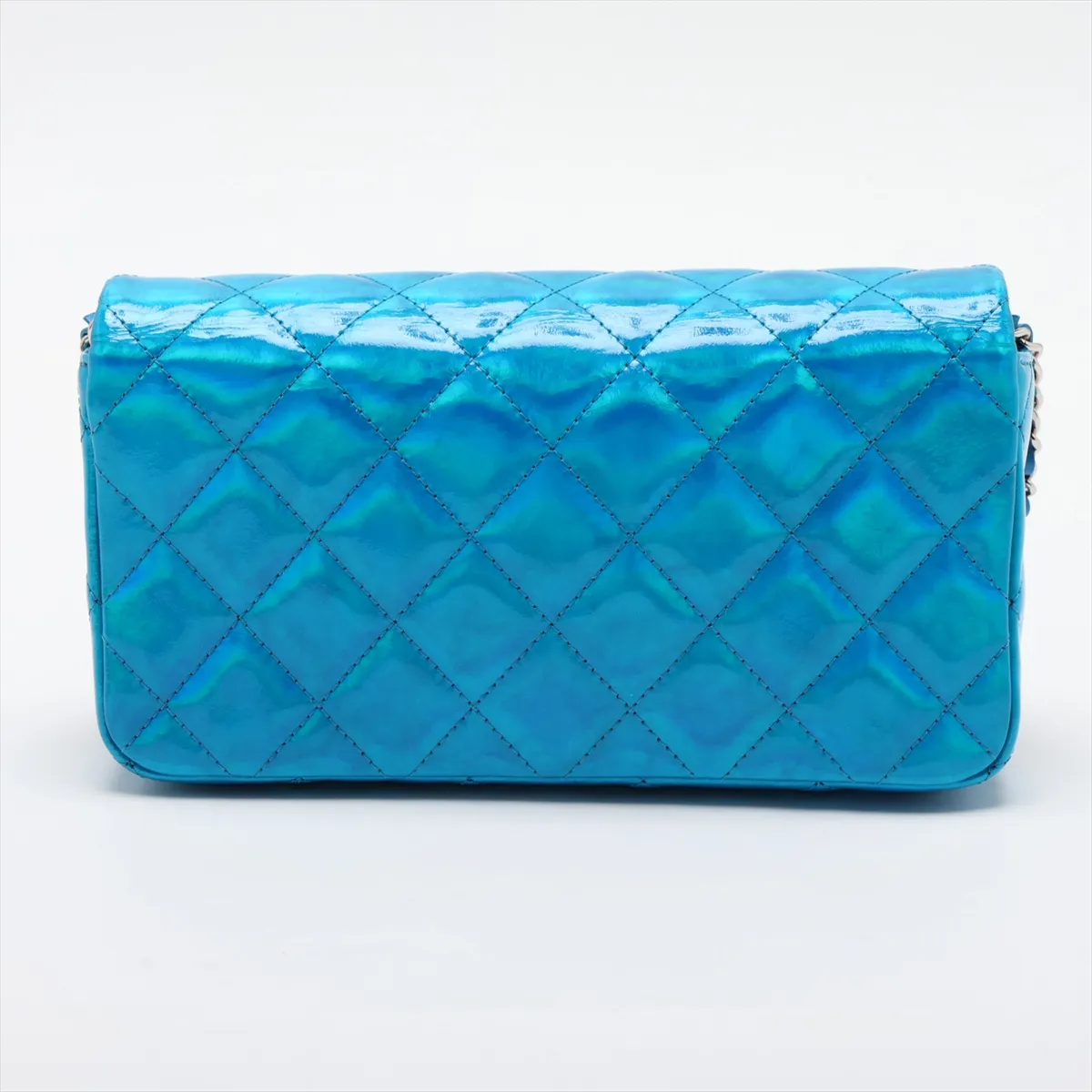 Matelassé Patent Leather Chain Shoulder Bag, Blue, Silver Hardware, CH8L2527, Random Serial Number — view 2
