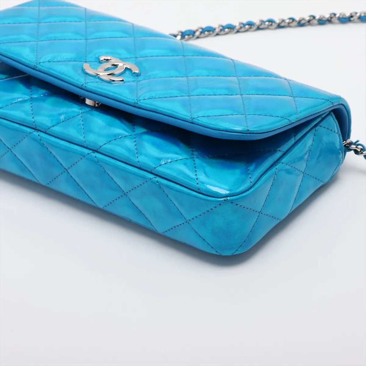 Matelassé Patent Leather Chain Shoulder Bag, Blue, Silver Hardware, CH8L2527, Random Serial Number — view 3